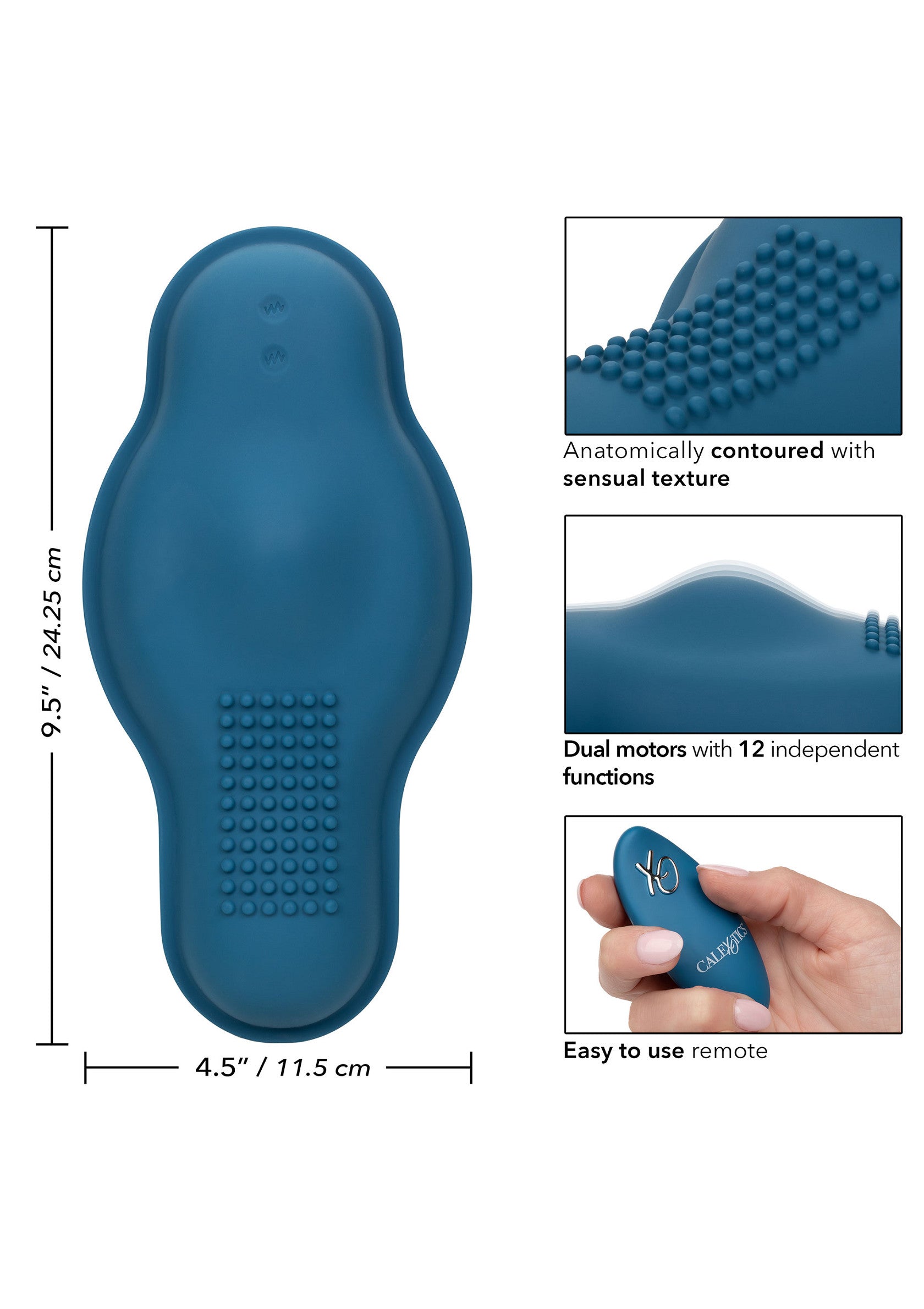 Masseur personnel ergonomique bleu avec télécommande facile à utiliser et textures sensuelles.; Ergonomische, blauwe persoonlijke stimulator met eenvoudig te gebruiken afstandsbediening en sensuele texturen.; Ergonomic blue personal massager with easy to use remote and sensual textures.