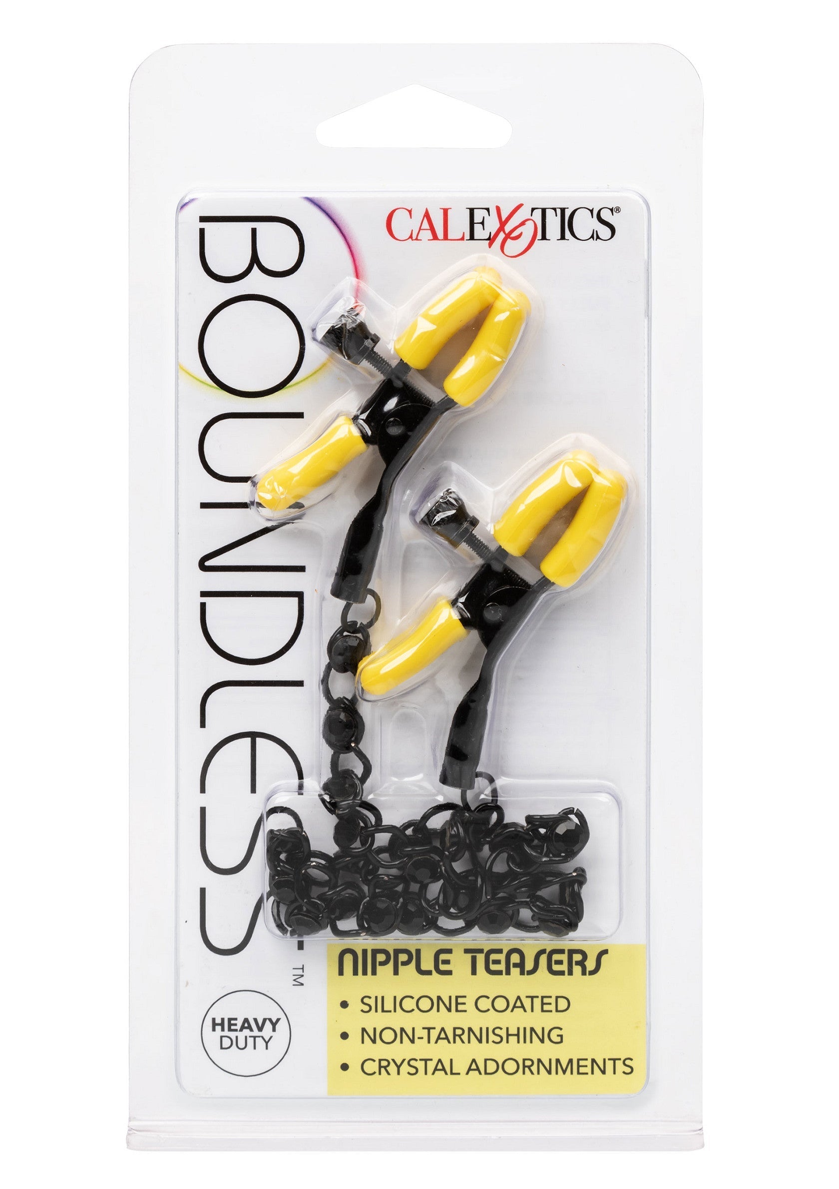 Pinces à tétons CalExotics Boundless Nipple Teasers avec revêtement en silicone et chaîne. Heavy duty.; CalExotics Boundless Nipple Teasers tepelklemmen met siliconencoating en ketting. Heavy duty.; CalExotics Boundless Nipple Teasers nipple clamps with silicone coating and chain. Heavy duty.