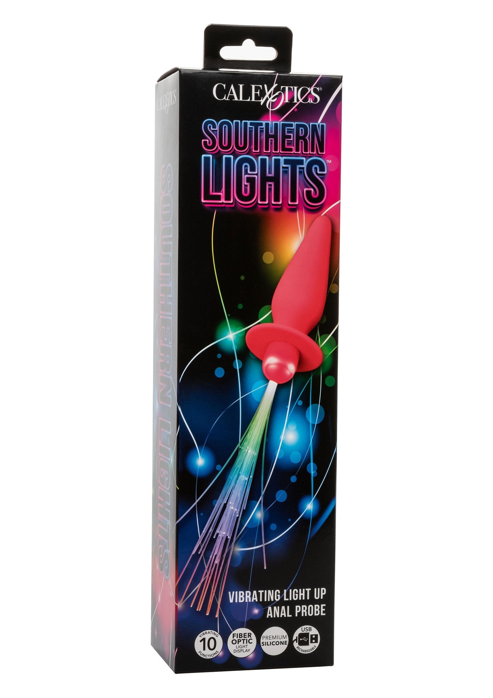 CalExotics Southern Lights vibromasseur anal lumineux à fibres optiques. Plaisir intense et sensations uniques garanties !; CalExotics Southern Lights vibrerende oplichtende anale plug met glasvezel. Intense plezier en unieke sensaties gegarandeerd!; CalExotics Southern Lights vibrating light up anal probe with fiber optics. Intense pleasure and unique sensations guaranteed!