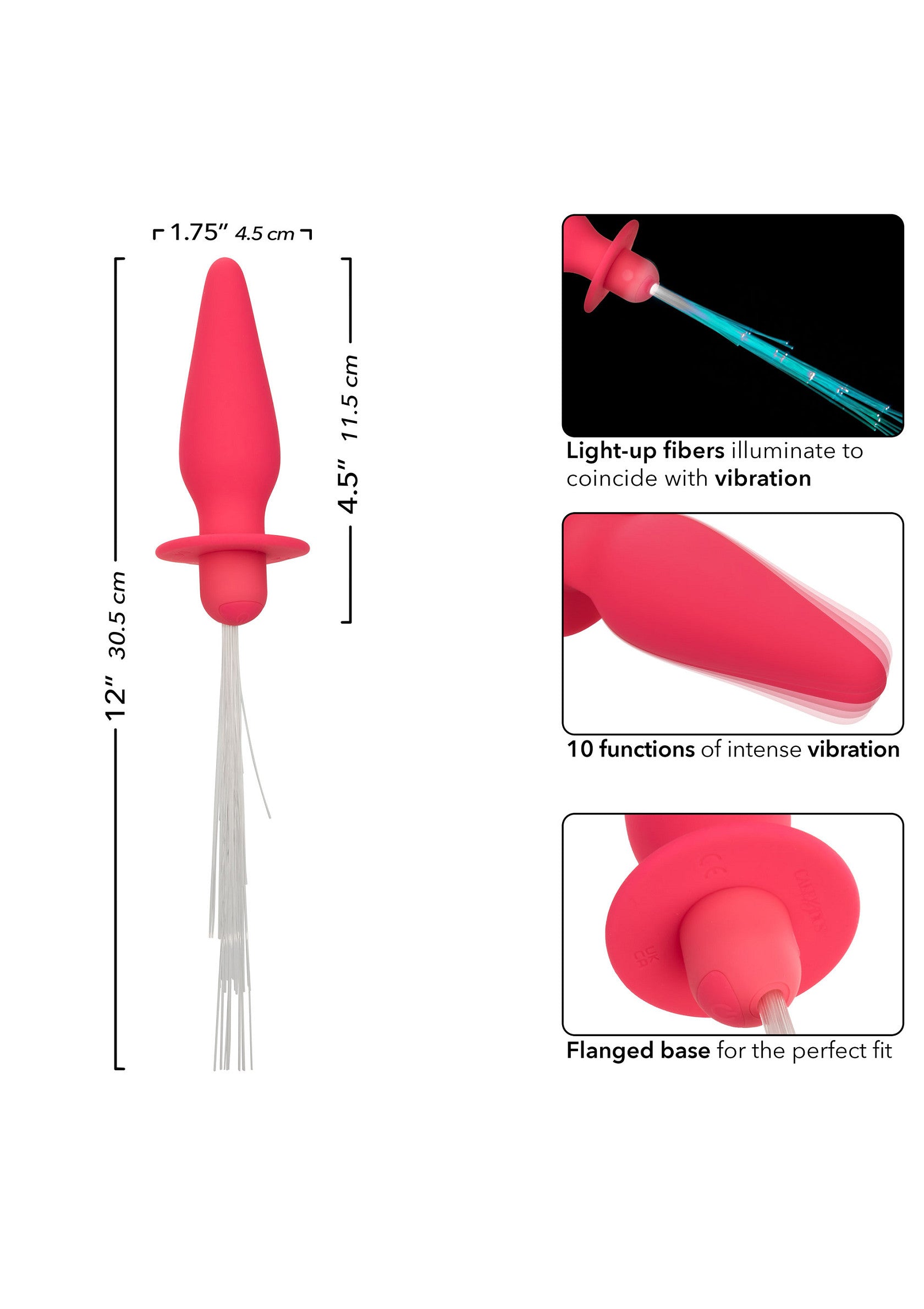 Plug anal vibrant rose avec fibres lumineuses. 10 fonctions. Base évasée pour un ajustement parfait.; Roze vibrerende anale plug met lichtgevende vezels. 10 functies. Uitlopende basis voor de perfecte pasvorm.; Pink vibrating butt plug with light-up fibers. 10 functions of intense vibration. Flanged base for a perfect fit.