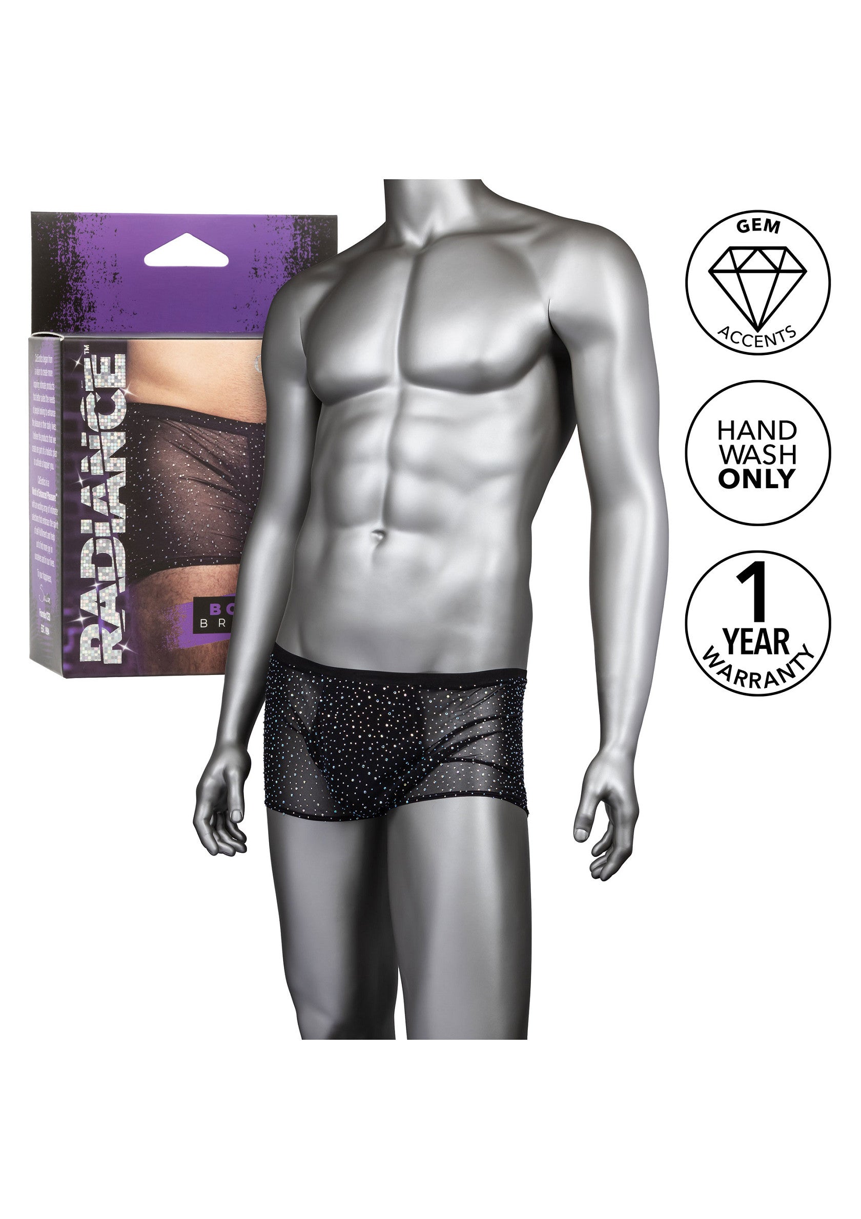 Boxer transparent noir avec des accents brillants pour hommes. Lingerie masculine à la mode.; Zwarte, doorschijnende boxershort voor heren met glinsterende accenten. Trendy herenlingerie.; Black sheer men's boxer briefs with sparkly accents. Trendy men's lingerie.