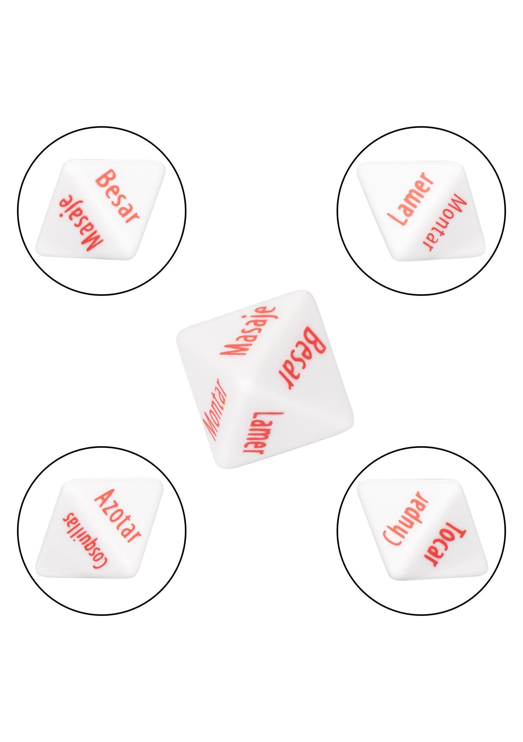 Jeu de dés érotique pour adultes. Ajoutez du piquant à votre vie amoureuse! Jeu coququin, idée cadeau parfaite.; Erotische dobbelstenen voor volwassenen. Geef je liefdesleven een boost! Stout spel, perfect cadeau-idee.; Adult erotic dice game. Spice up your love life! Naughty game, perfect gift idea. Dice with words such as 'kiss', 'touch'