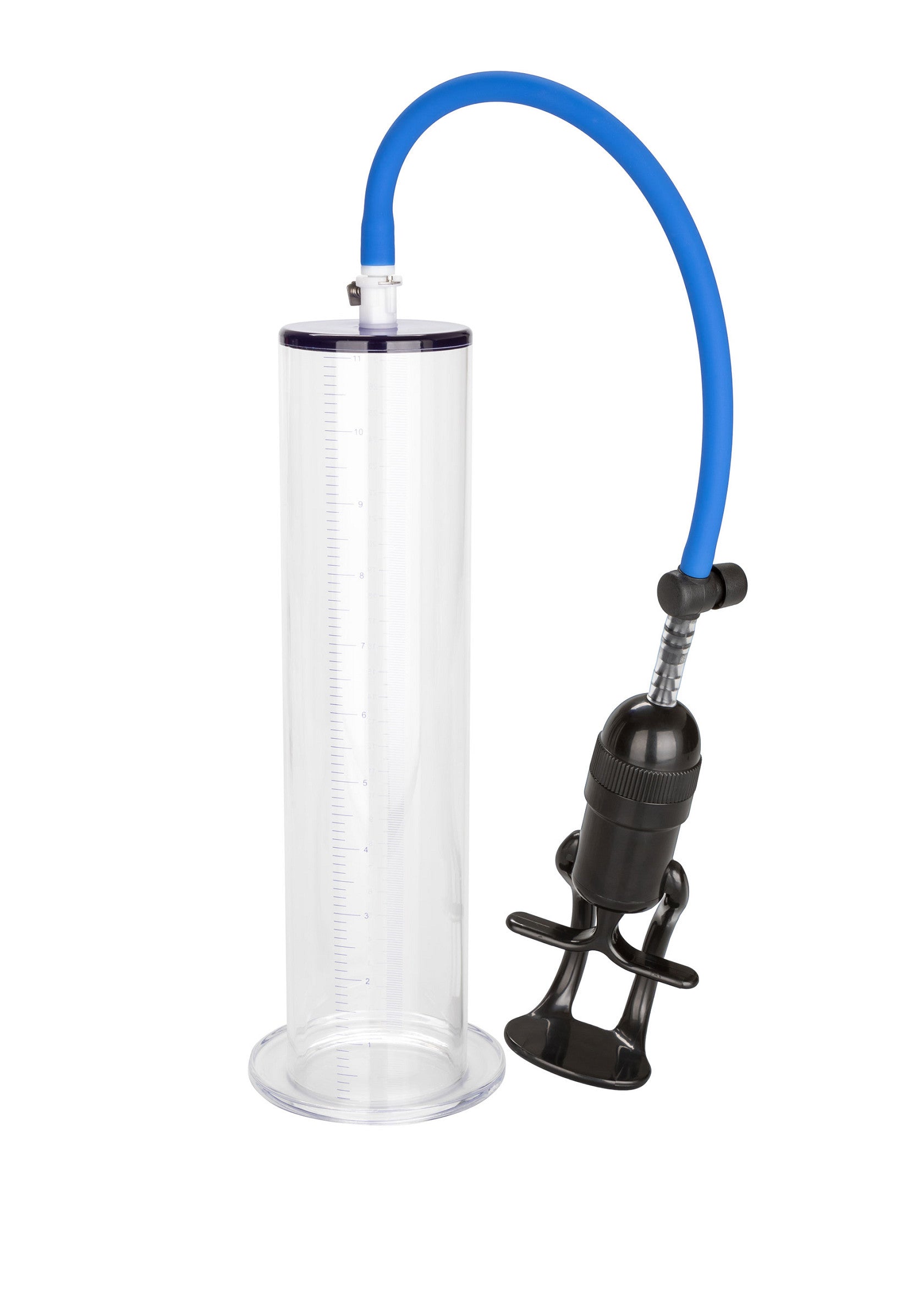 Pompe à pénis avec cylindre transparent et tuyau bleu pour des résultats visibles.; Penispomp met transparante cilinder en blauwe slang voor zichtbare resultaten.; Penis pump featuring clear cylinder and blue tube for visible results.