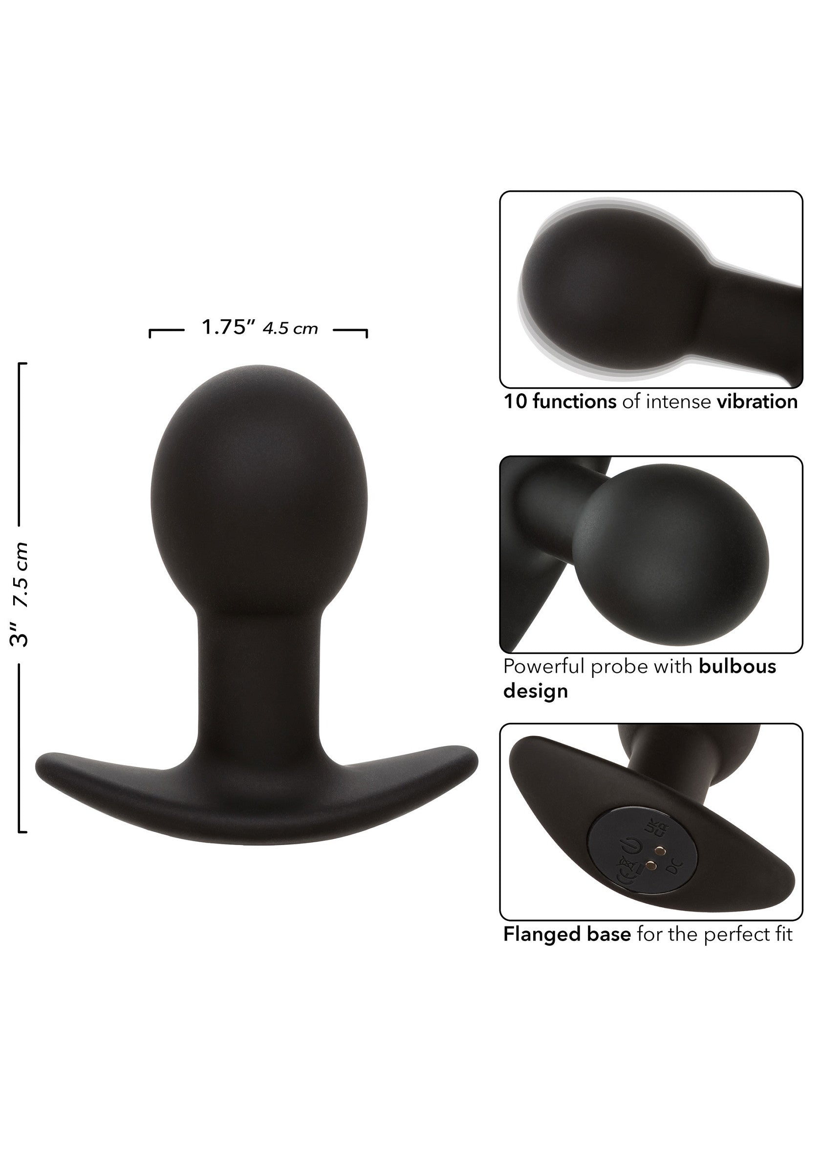 Plug anal vibrant noir, avec 10 fonctions de vibration et une base évasée pour un confort optimal.; Zwarte vibrerende anale plug met 10 vibratiefuncties en een uitlopende basis voor optimaal comfort.; Black vibrating butt plug with 10 vibration functions and a flared base for optimal comfort.