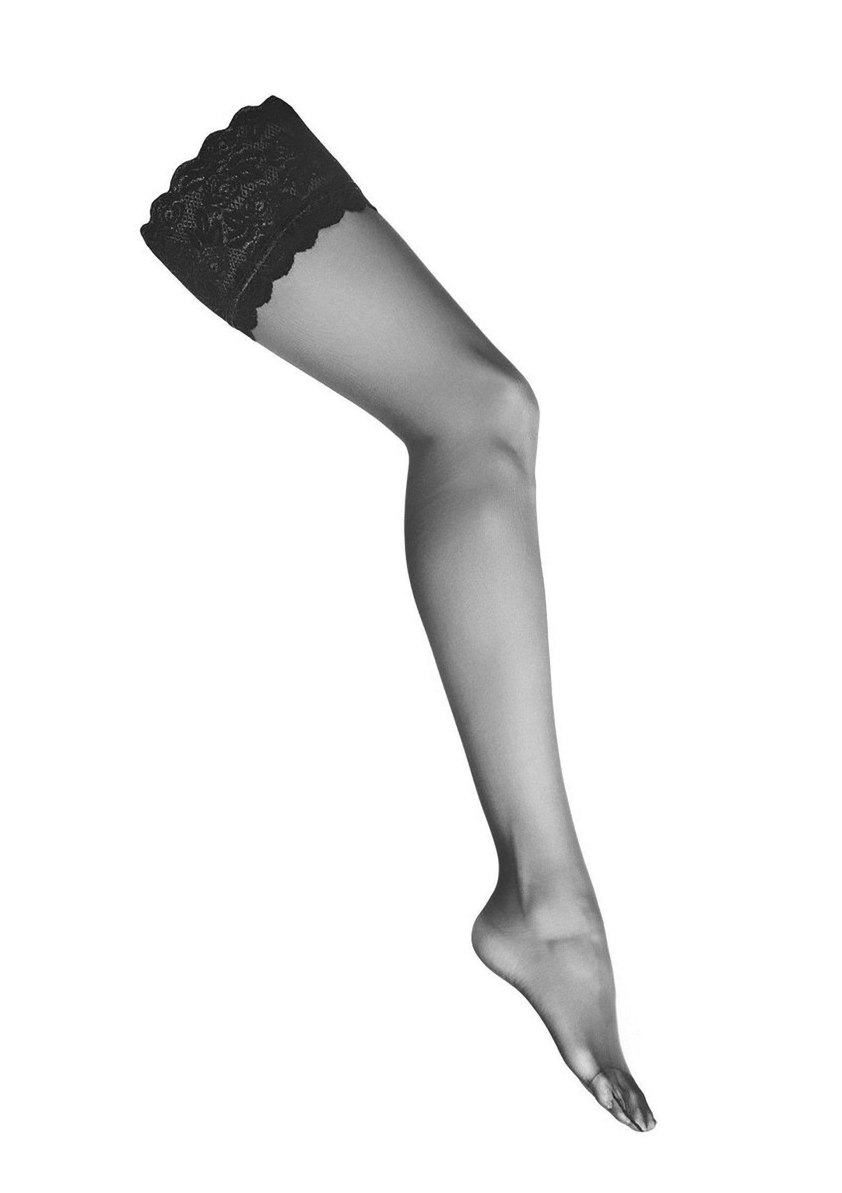 Bas autofixant avec dentelle noire. Élégance et confort garantis.; Zelfophoudende kousen met zwart kant. Elegantie en comfort gegarandeerd.; Stay-up stockings with black lace. Elegance and comfort guaranteed.