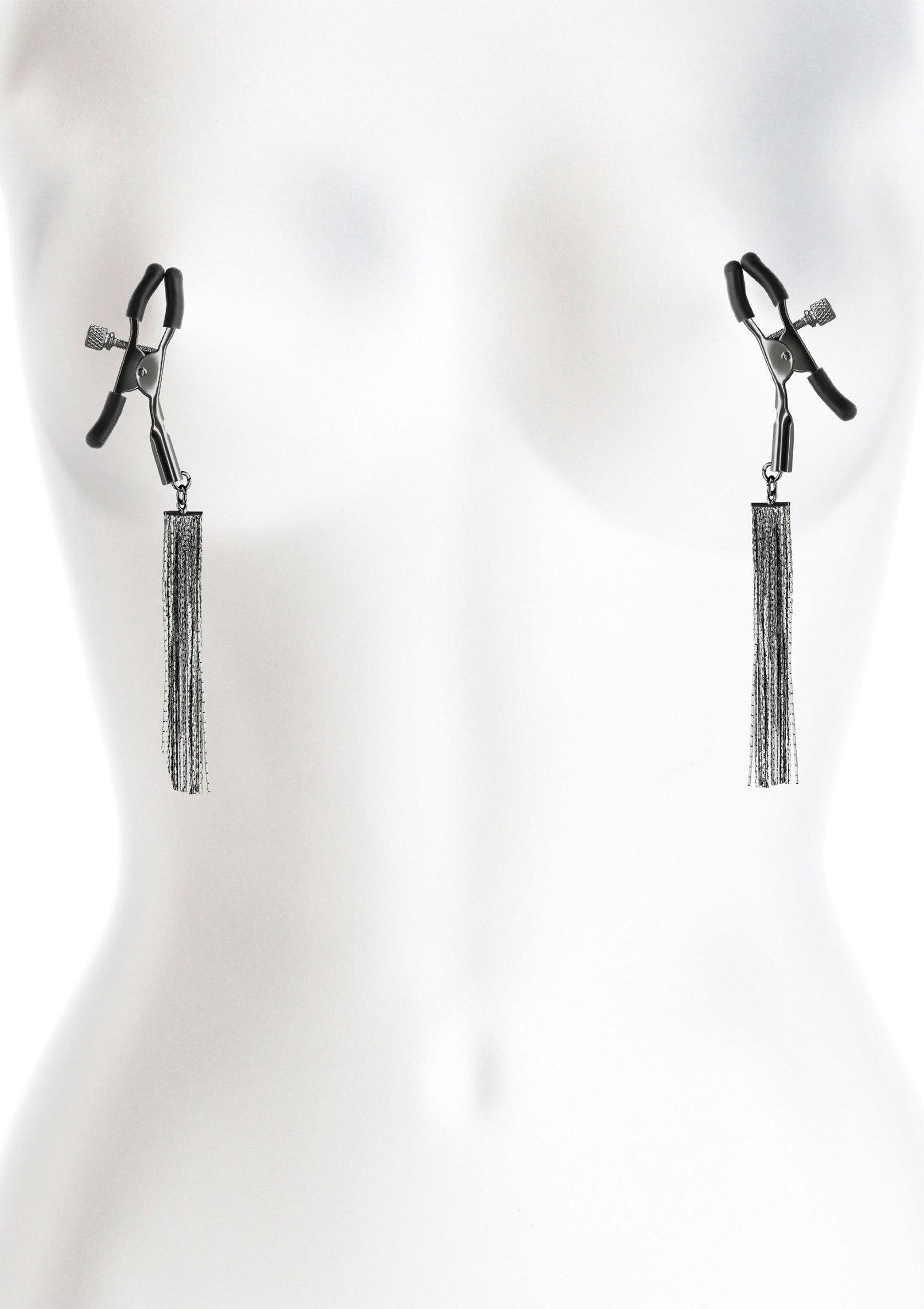 Pinces à tétons avec chaînes à franges. Accessoires coquins pour pimenter votre vie amoureuse.; Tepelklemmen met kettingfranjes. Speelse accessoires om je liefdesleven op te fleuren.; Nipple clamps with chain fringe. Playful accessories to spice up your love life.
