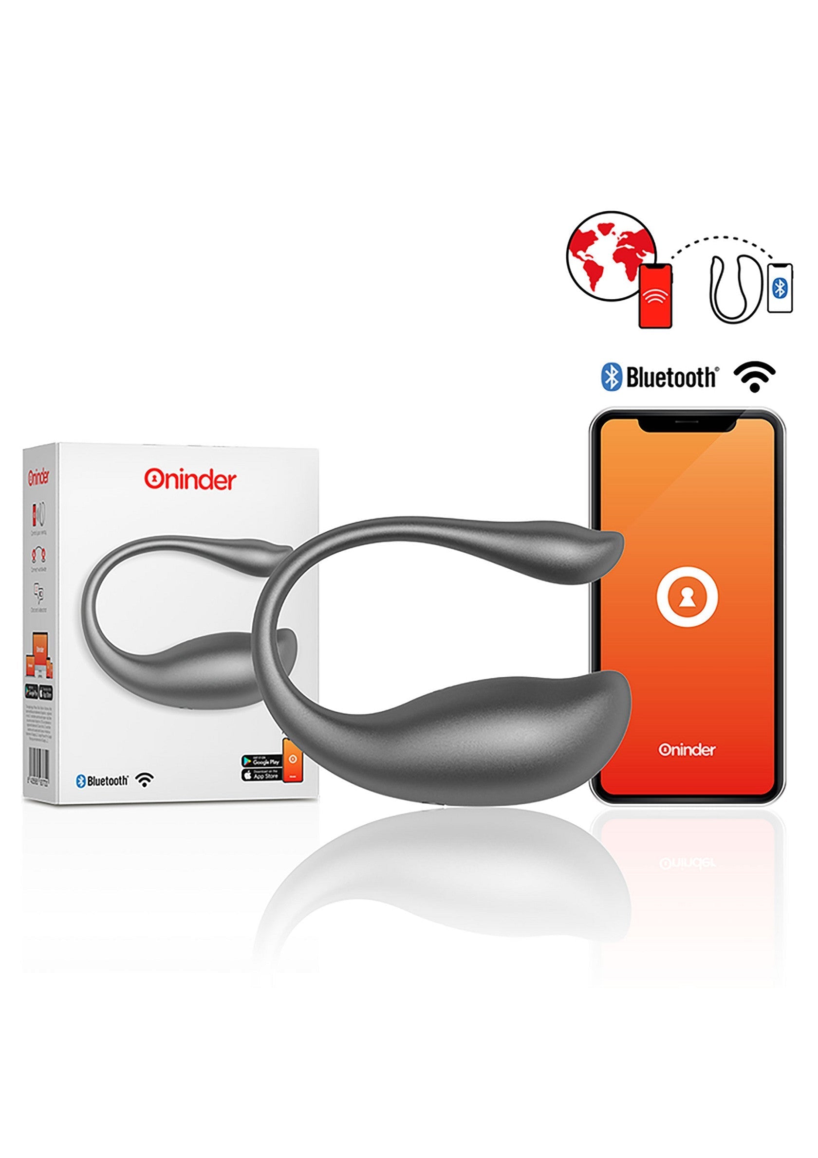 Masseur personnel Oninder connecté par Bluetooth et son application. Confort et plaisir personnalisés.; Oninder persoonlijke stimulator met Bluetooth en app. Comfort en gepersonaliseerd genot.; Oninder personal massager with Bluetooth and app. Comfort and personalized pleasure.