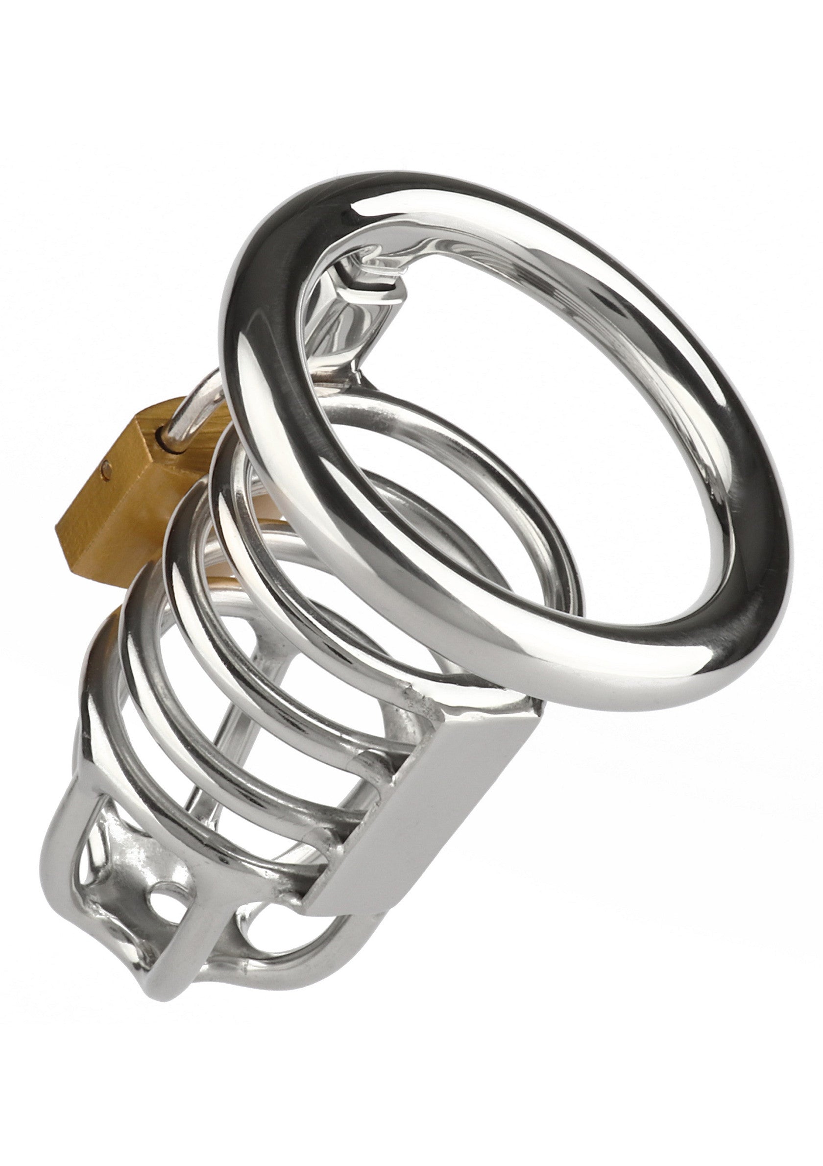 Cage de chasteté métallique avec cadenas. Dispositif de contrôle et de soumission. Accessoire BDSM.; Metalen kuisheidskooi met slot. Controle en onderwerping apparaat. BDSM accessoire.; Metal chastity cage with padlock. Control and submissive device. BDSM accessory.