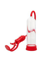 Pompe à pénis rouge pour le plaisir adulte.; Rode penispomp voor volwassen plezier.; Red penis pump for adult pleasure.