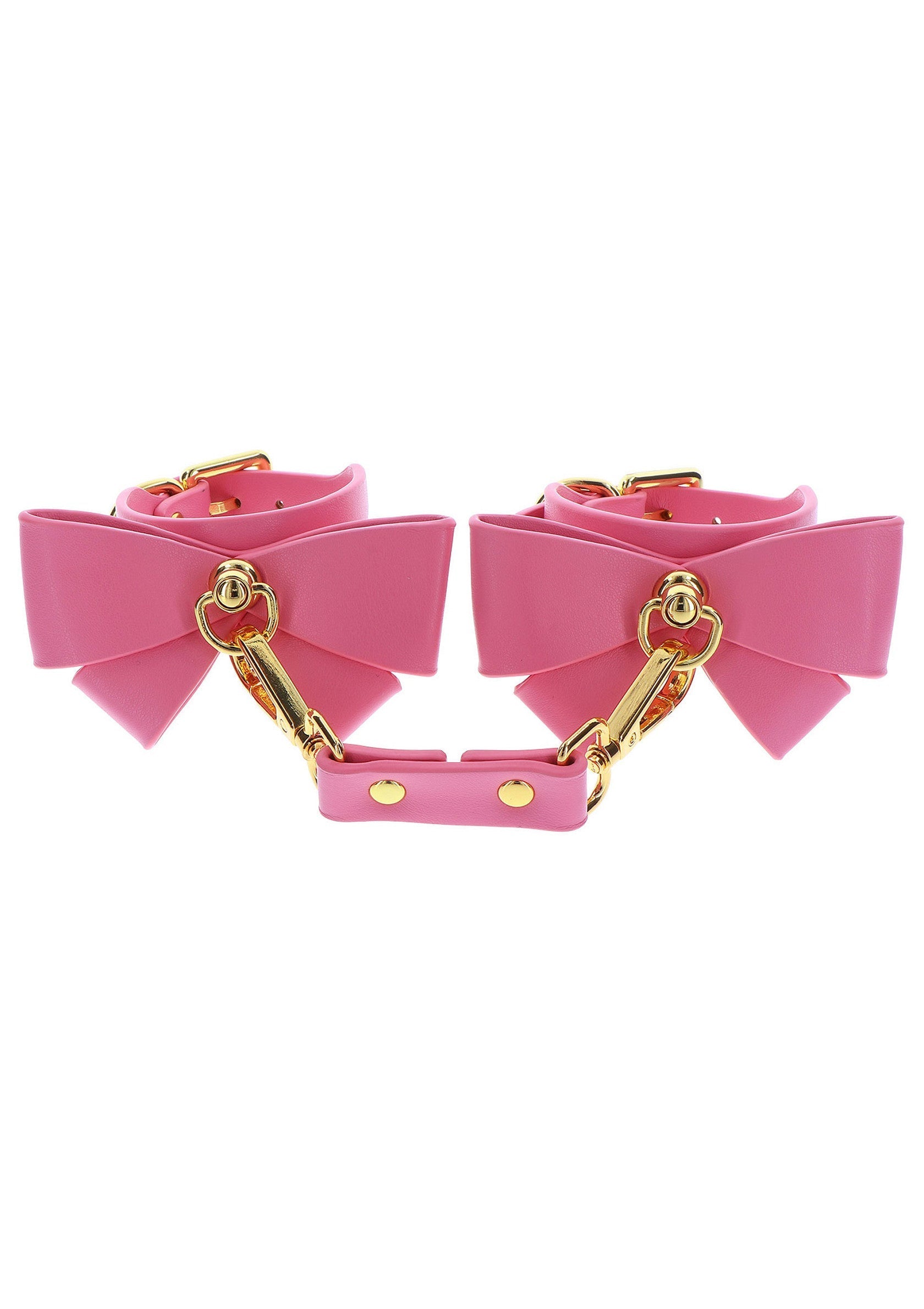 Manchettes roses avec nœuds et détails dorés pour une touche glamour et audacieuse.; Roze manchetten met strikken en gouden details voor een glamoureuze en gedurfde touch.; Pink wrist restraints with bows and gold details for a glamorous and daring touch.