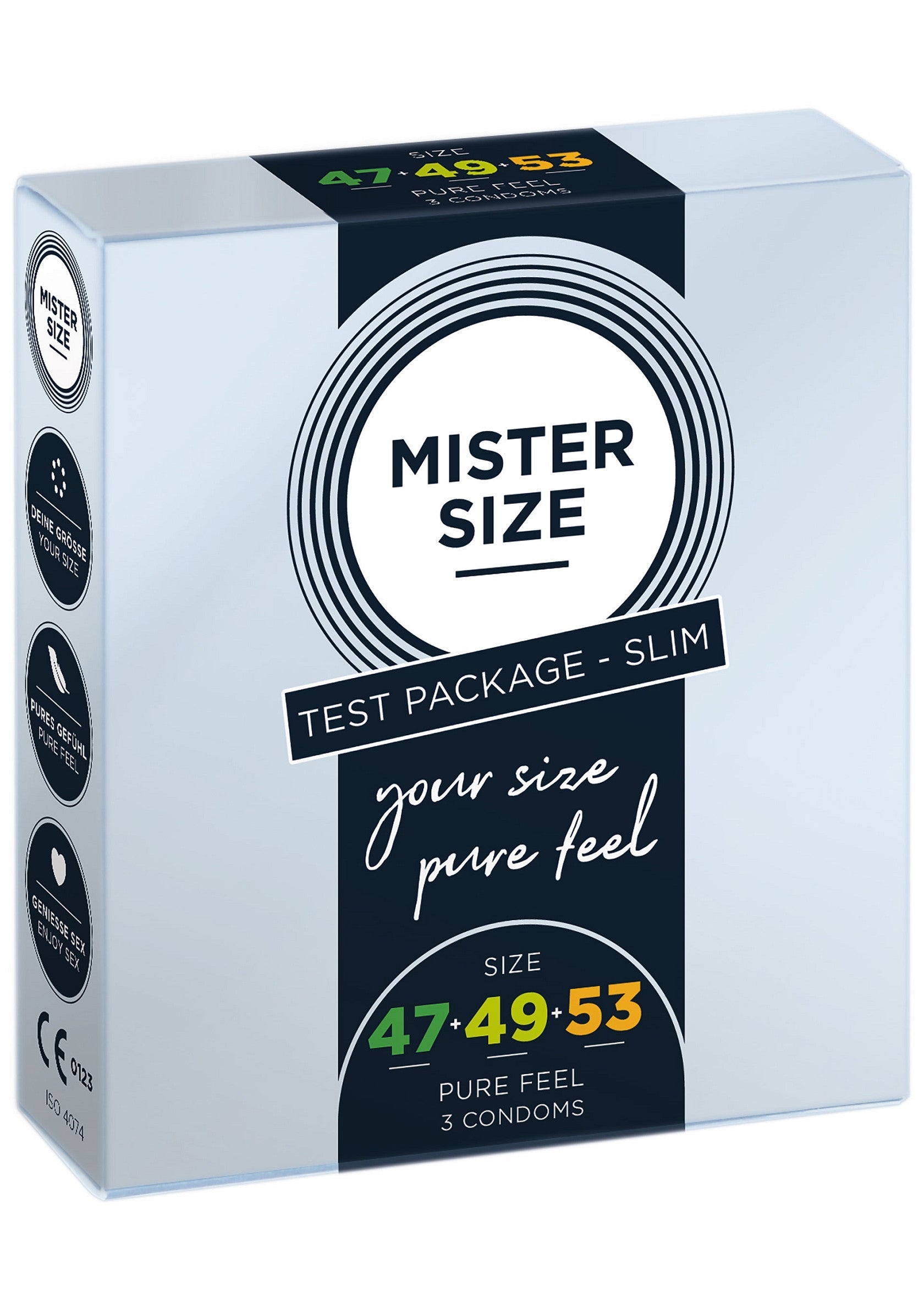 Préservatifs Mister Size, paquet d'essai, différentes tailles pour un ajustement parfait. Pure Feel pour une sensation naturelle.; Mister Size condooms, testpakket met verschillende maten voor de perfecte pasvorm. Pure Feel voor een natuurlijk gevoel.; Mister Size condoms, test package with different sizes for the perfect fit. Pure Feel for a natural sensation.