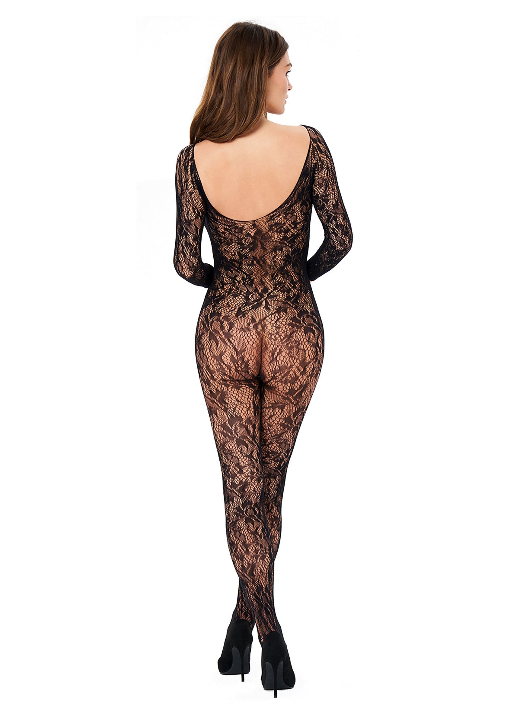 Body en dentelle noire à manches longues et dos échancré.; Zwarte kanten bodysuit met lange mouwen en lage rug.; Black lace bodysuit with long sleeves and low back.