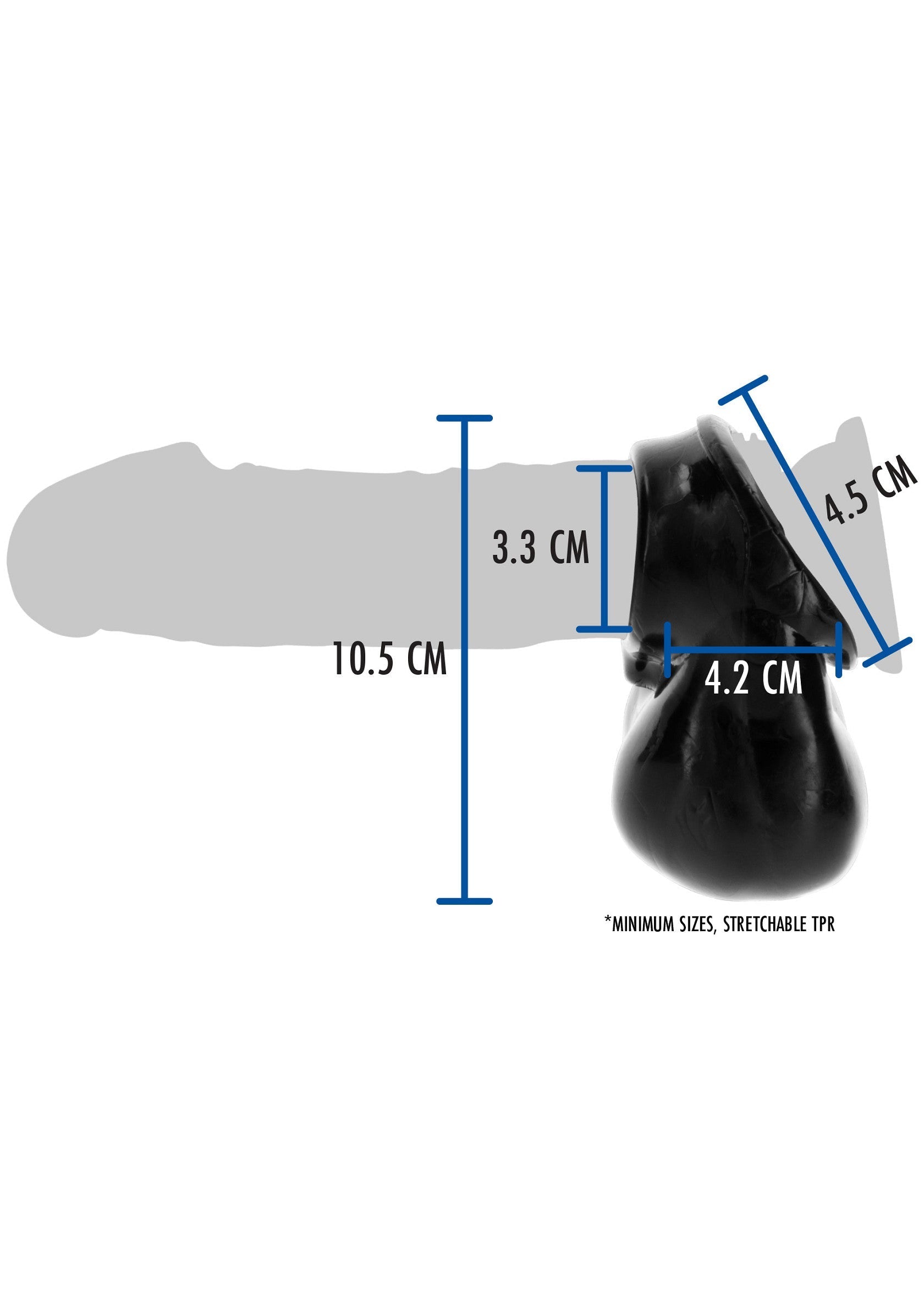 Anneau pénien noir avec dimensions illustrées, pour plus de plaisir et d'endurance.; Zwarte penisring met afmetingen afgebeeld, voor meer plezier en uithoudingsvermogen.; Black cock ring with dimensions shown, for enhanced pleasure and stamina.