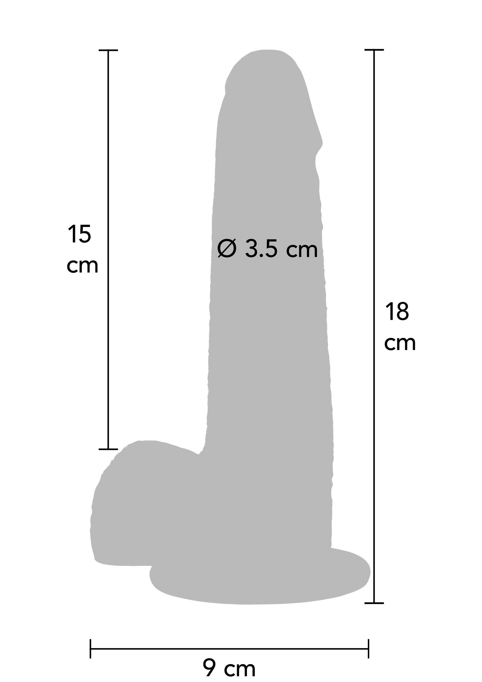 Dildo gris avec dimensions indiquées : Longueur totale 18cm, diamètre 3.5cm, longueur insérable 15cm, base 9cm. Plaisir garanti !; Grijze dildo met afmetingen: Totale lengte 18cm, diameter 3.5cm, inbrenglengte 15cm, basis 9cm. Gegarandeerd plezier!; Gray dildo with dimensions: Total length 18cm, diameter 3.5cm, insertable length 15cm, base 9cm. Guaranteed pleasure!