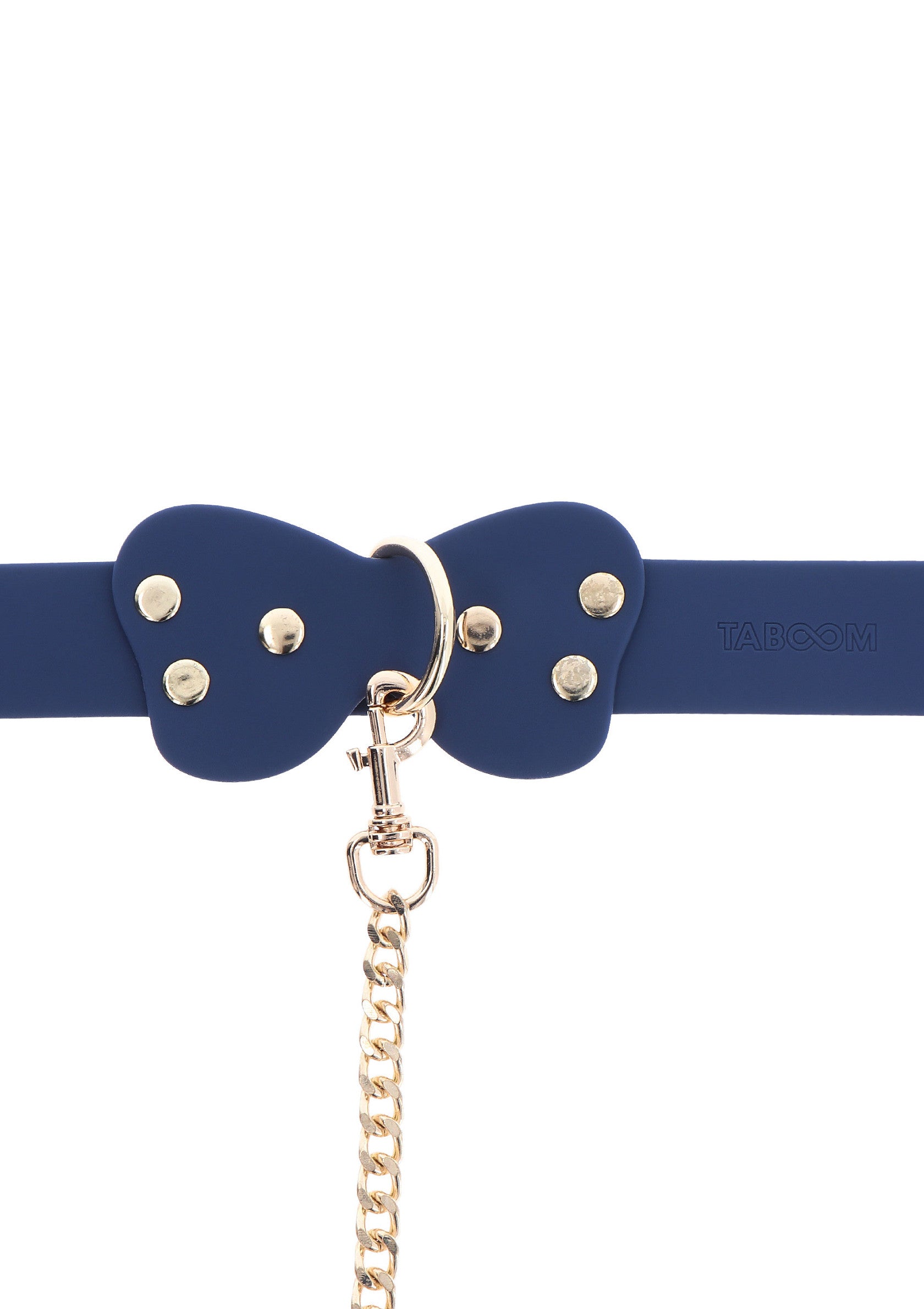 Collier bleu marine en forme de noeud papillon avec chaîne dorée. Accessoire de mode élégant.; Marineblauwe vlinderdas halsband met gouden ketting. Stijlvol modeaccessoire.; Navy bow tie collar with gold chain. Stylish fashion accessory.