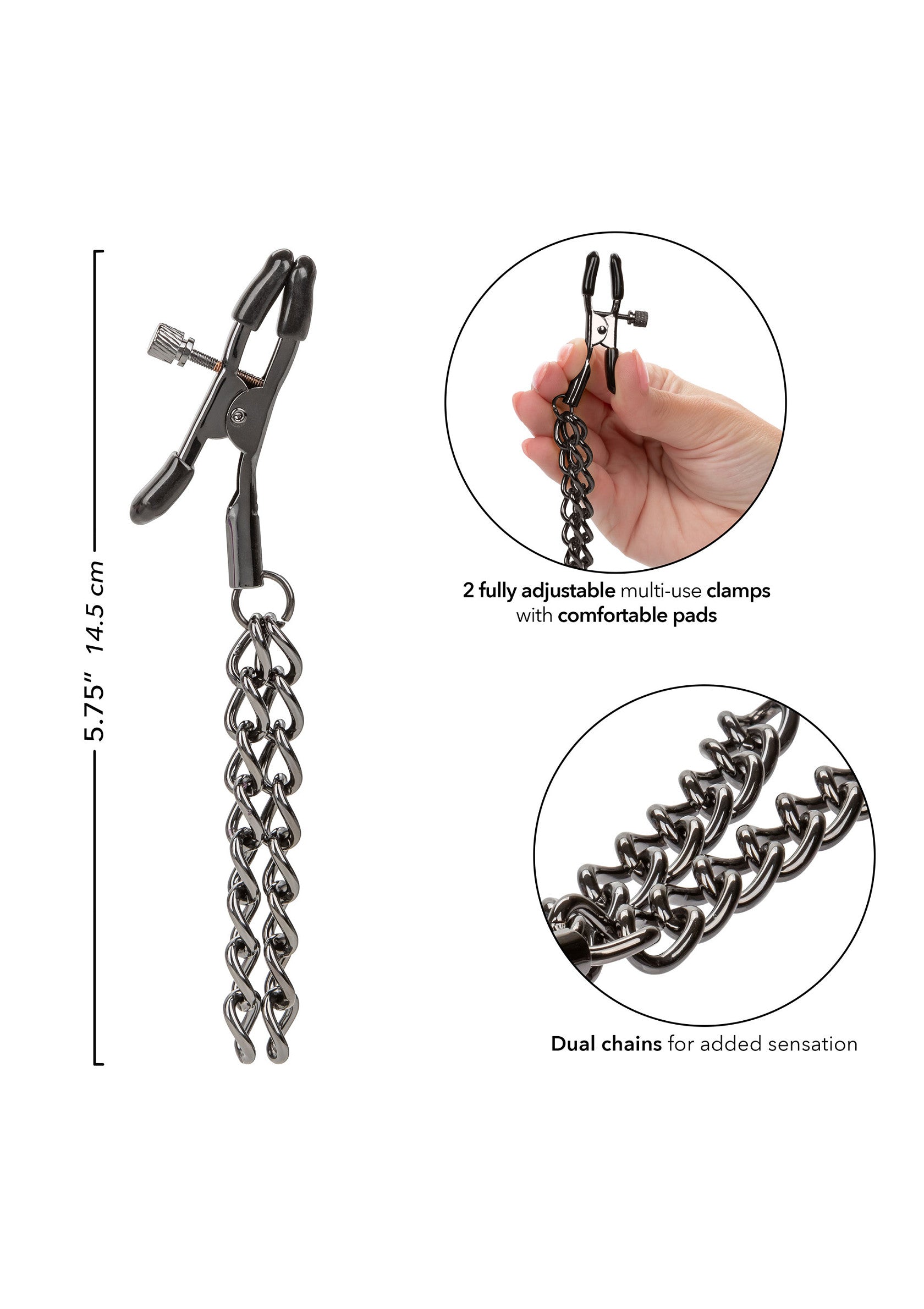 Pinces à tétons ajustables avec chaînes doubles pour une sensation accrue. Intensifiez votre plaisir avec cet accessoire coquine!; Verstelbare tepelklemmen met dubbele kettingen voor extra sensatie. Intensifieer uw plezier met dit ondeugende accessoire!; Adjustable nipple clamps with dual chains for added sensation. Intensify your pleasure with this kinky accessory!