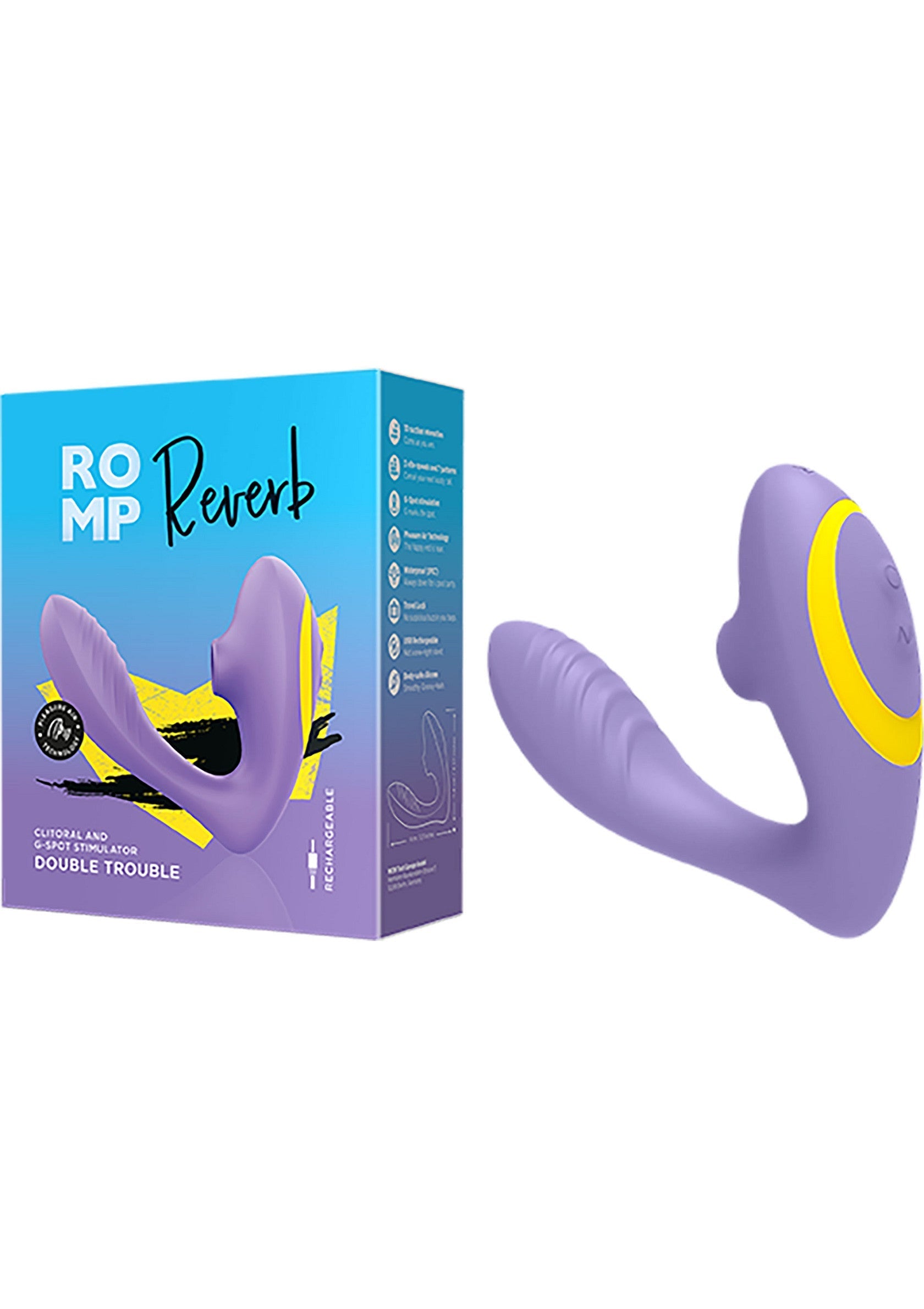 ROMP Reverb stimulateur clitoridien et point G rechargeable violet.; ROMP Reverb oplaadbare clitoris- en G-spot stimulator paars.; ROMP Reverb rechargeable clitoral and G-spot stimulator purple.