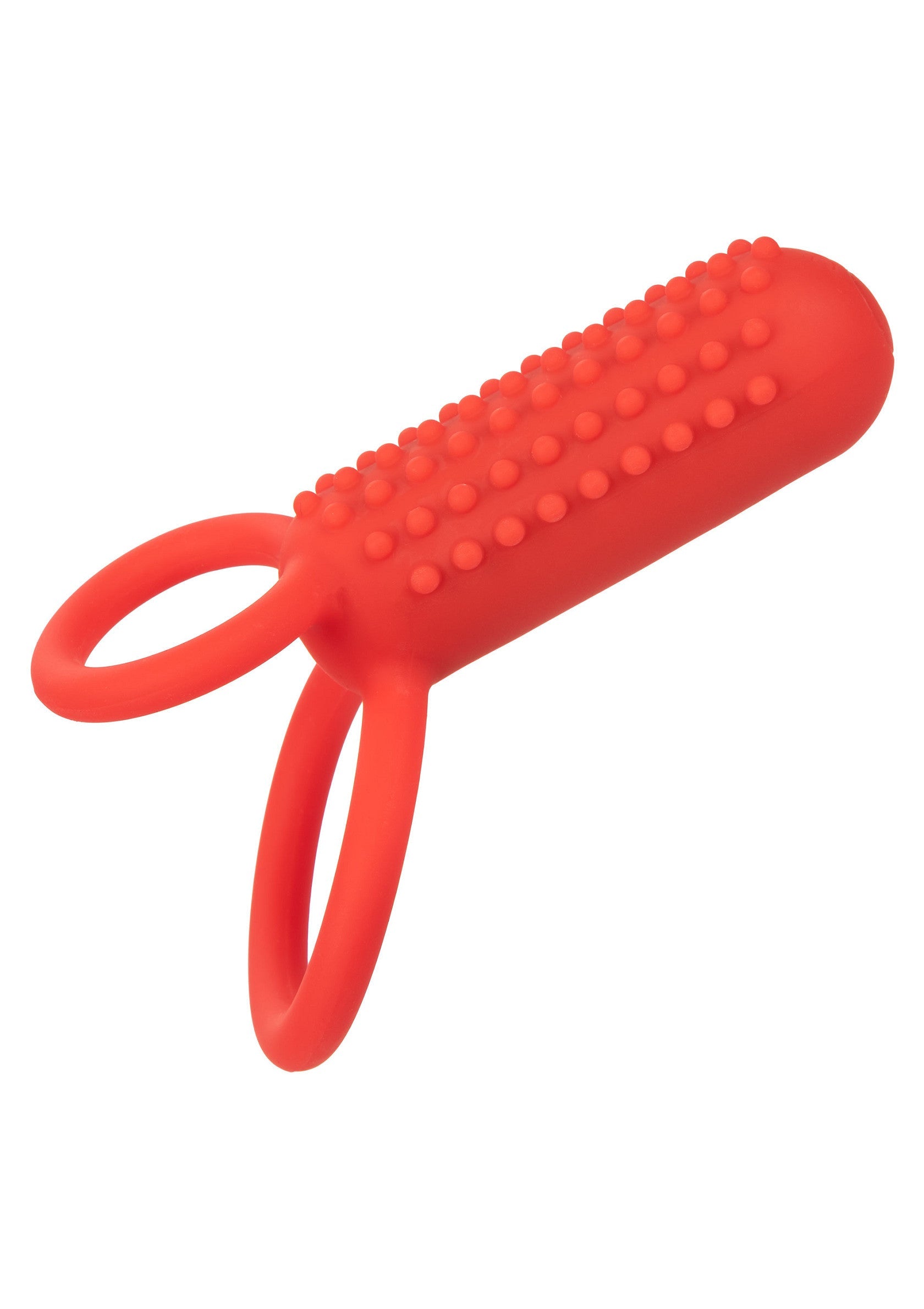Anneau pénien vibrant rouge texturé pour plus de plaisir. Découvrez le plaisir intense!; Getextureerde rode vibrerende penisring voor meer plezier. Ontdek intense genot!; Textured red vibrating cock ring for extra pleasure. Experience intense pleasure!