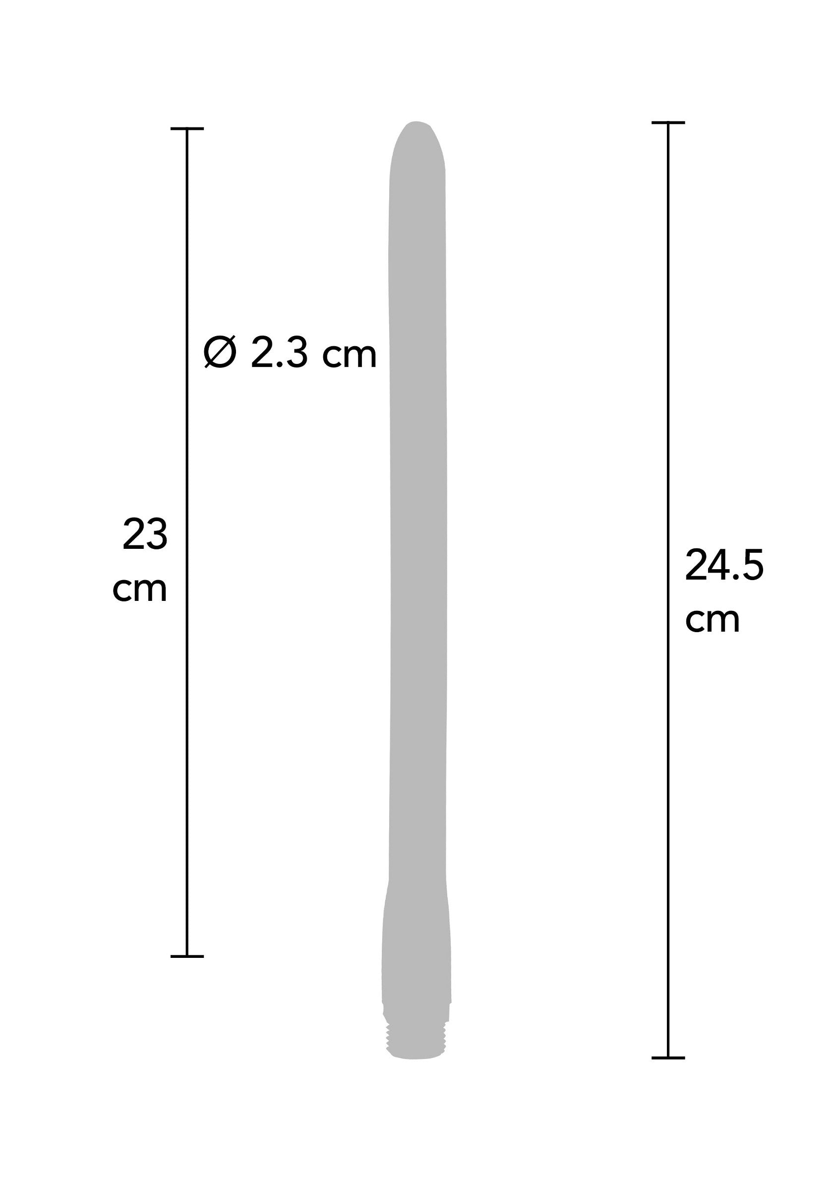 Diagramme des dimensions d'un gode : diamètre 2.3cm, longueur 23/24.5cm. Informations détaillées pour un achat éclairé.; Afmetingen diagram van een dildo: diameter 2.3cm, lengte 23/24.5cm. Gedetailleerde informatie voor een weloverwogen aankoop.; Dildo dimension diagram: 2.3cm diameter, 23/24.5cm length. Detailed information for informed purchasing decisions.