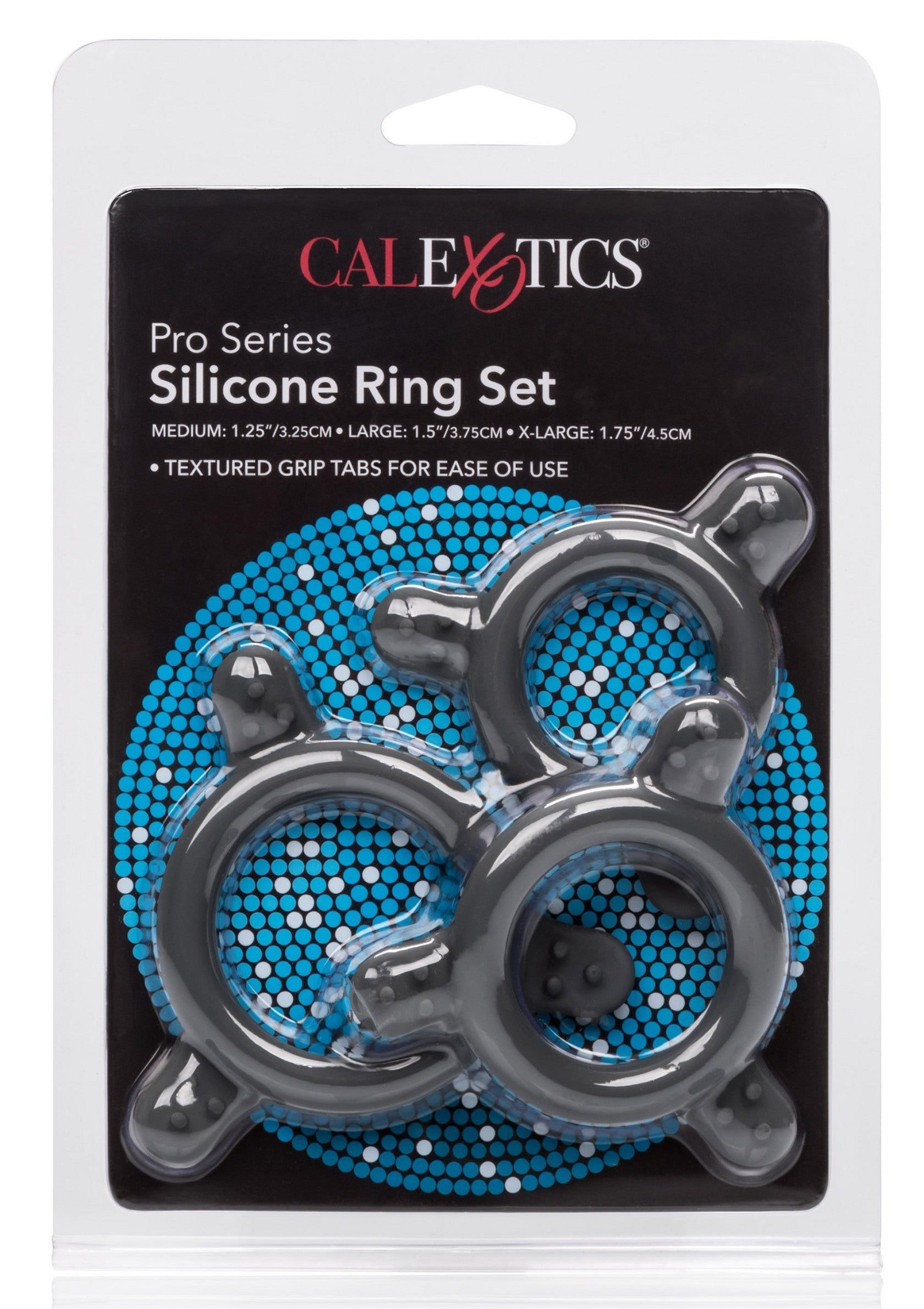 Ensemble d'anneaux en silicone Pro Series de CalExotics. Trois tailles pour un ajustement parfait.; CalExotics Pro Series siliconen ringenset. Drie maten voor een perfecte pasvorm.; CalExotics Pro Series Silicone Ring Set. Three sizes for a perfect fit.