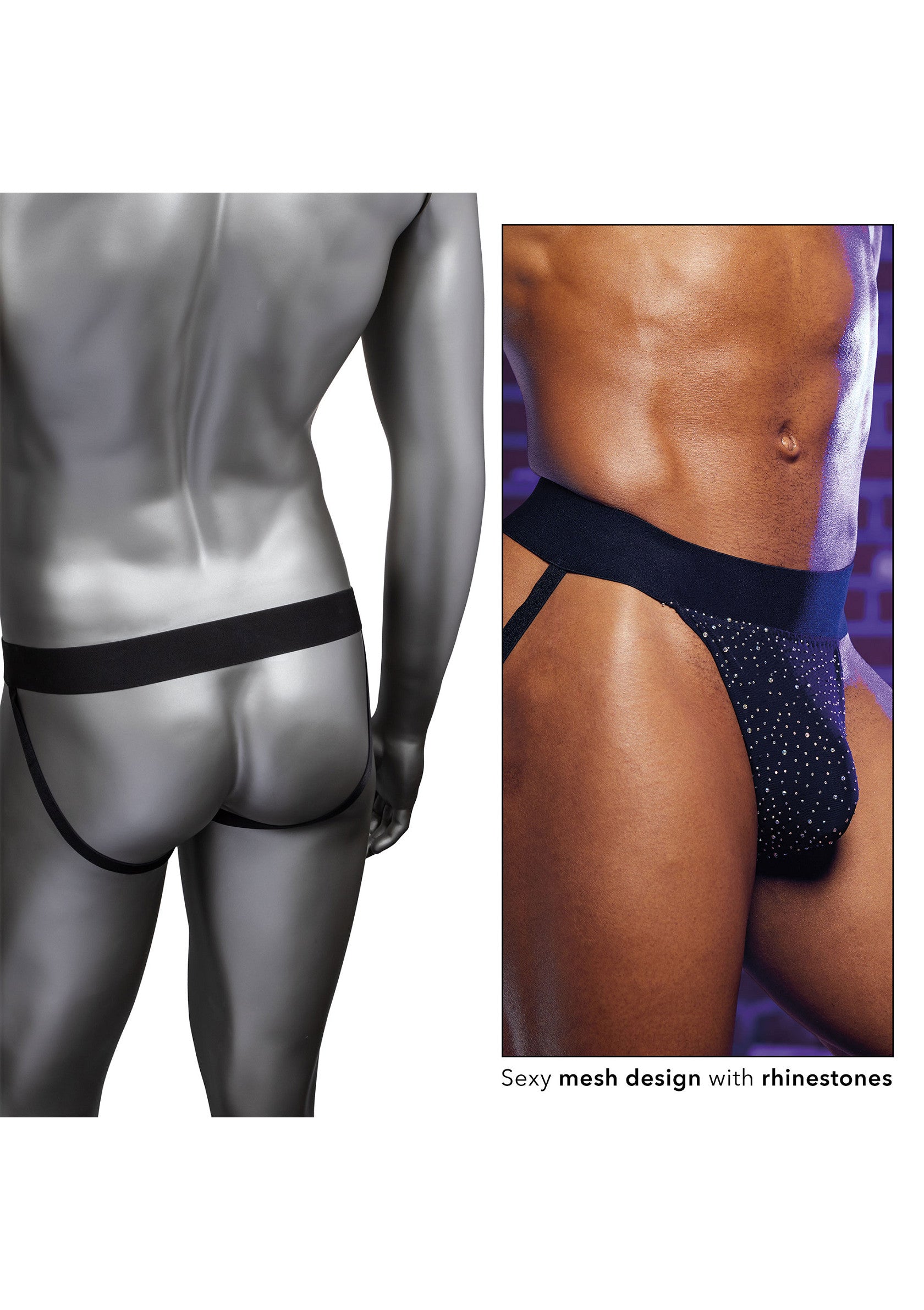 Jockstrap sexy en maille avec strass. Sous-vêtements pour homme, design séduisant. Confort et style assurés!; Sexy mesh jockstrap met strass. Herenondergoed voor een verleidelijke look. Comfort en stijl gegarandeerd!; Sexy mesh jockstrap with rhinestones. Men's underwear for a seductive look. Comfort and style guaranteed!