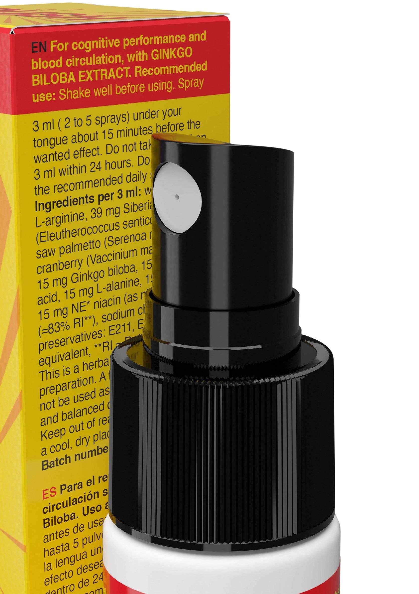Spray ginkgo biloba pour performance cognitive et circulation sanguine. Complément alimentaire.; Ginkgo biloba spray voor cognitieve prestaties en bloedcirculatie. Voedingssupplement.; Ginkgo biloba spray for cognitive performance and blood circulation. Dietary supplement.