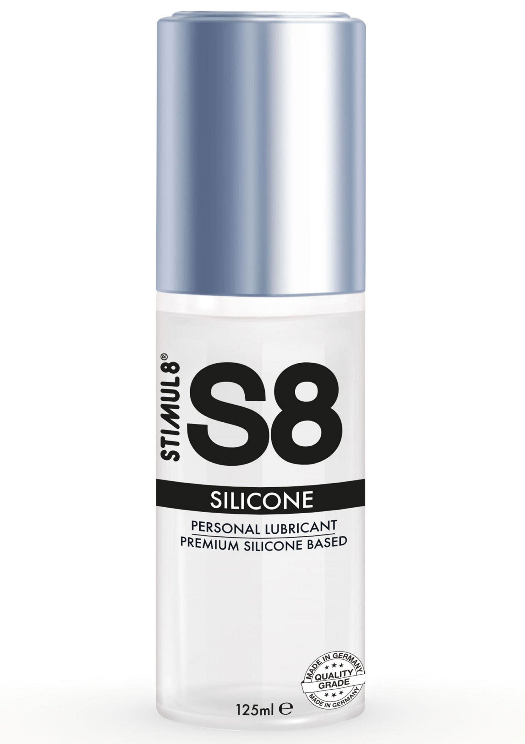 Lubrifiant personnel à base de silicone S8 de Stimul8. Qualité premium pour un plaisir durable et intense.; Stimul8 S8 siliconen glijmiddel. Premium kwaliteit voor langdurig en intens genot.; Stimul8 S8 silicone personal lubricant. Premium quality for long-lasting and intense pleasure.