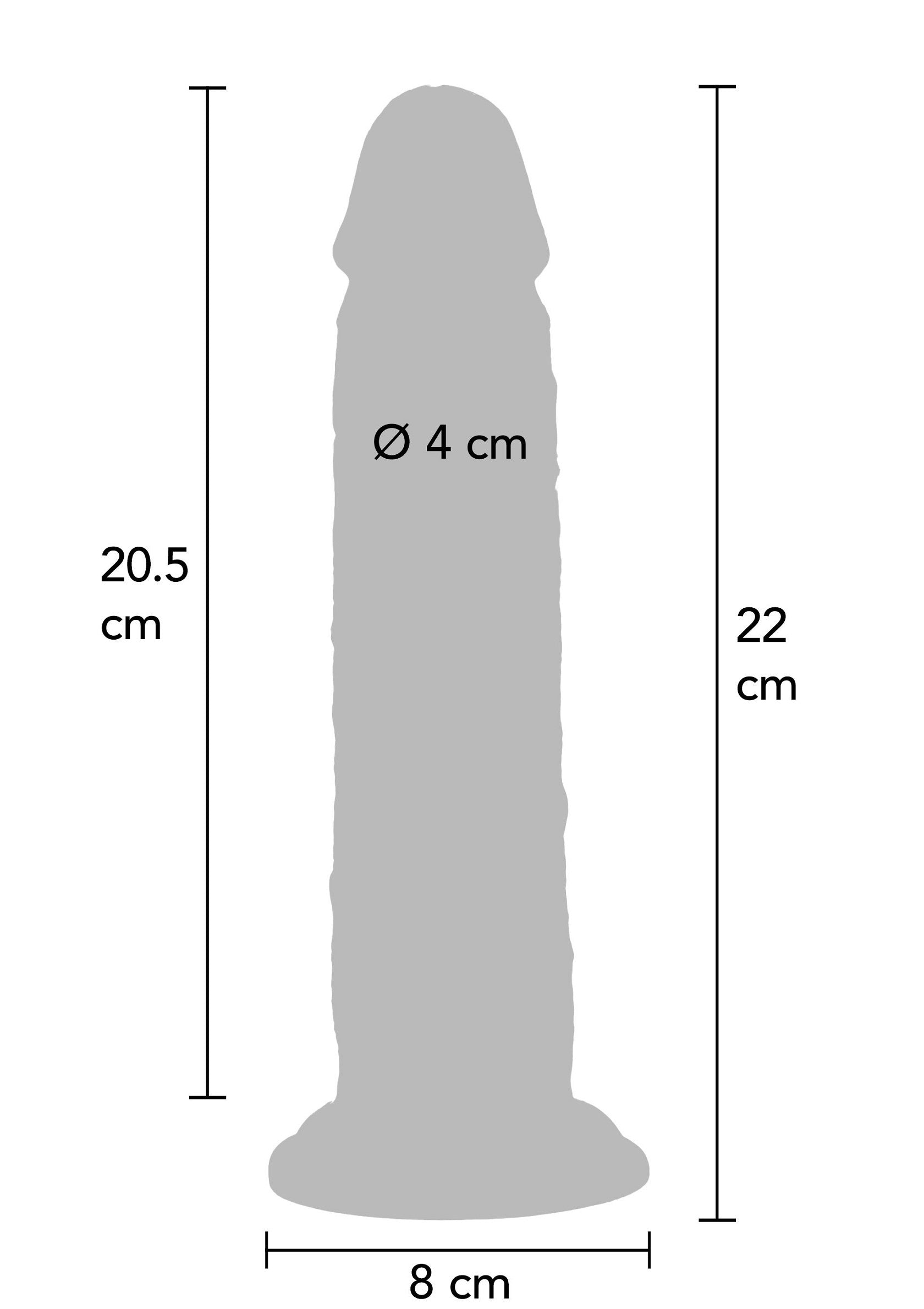 Dildo réaliste avec dimensions indiquées. Plaisir garanti !; Realistische dildo met afmetingen aangegeven. Gegarandeerd plezier!; Realistic dildo with dimensions shown. Guaranteed pleasure!