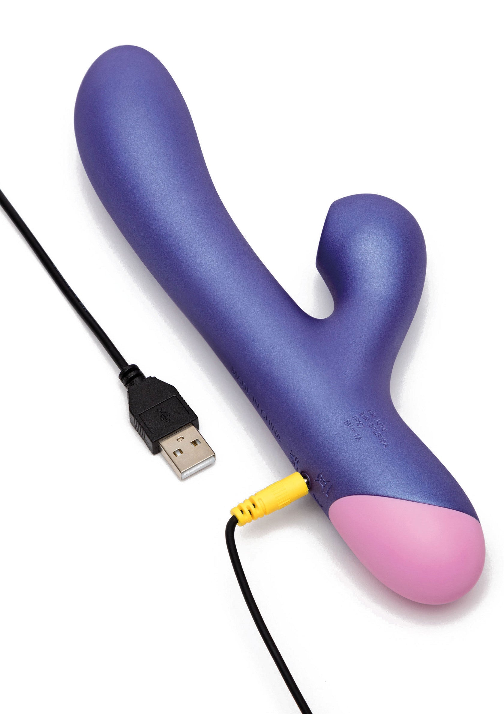 Vibromasseur rechargeable violet et rose pour le plaisir intime.; Paarse en roze oplaadbare vibrator voor intiem plezier.; Purple and pink rechargeable vibrator for intimate pleasure.