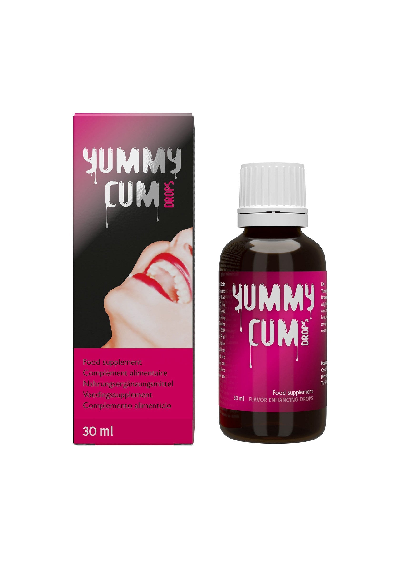 Yummy Cum Drops : Complément alimentaire pour une saveur améliorée. 30ml; Yummy Cum Drops: Voedingssupplement voor een verbeterde smaak. 30ml; Yummy Cum Drops: A food supplement to enhance the flavor of your cum. 30ml