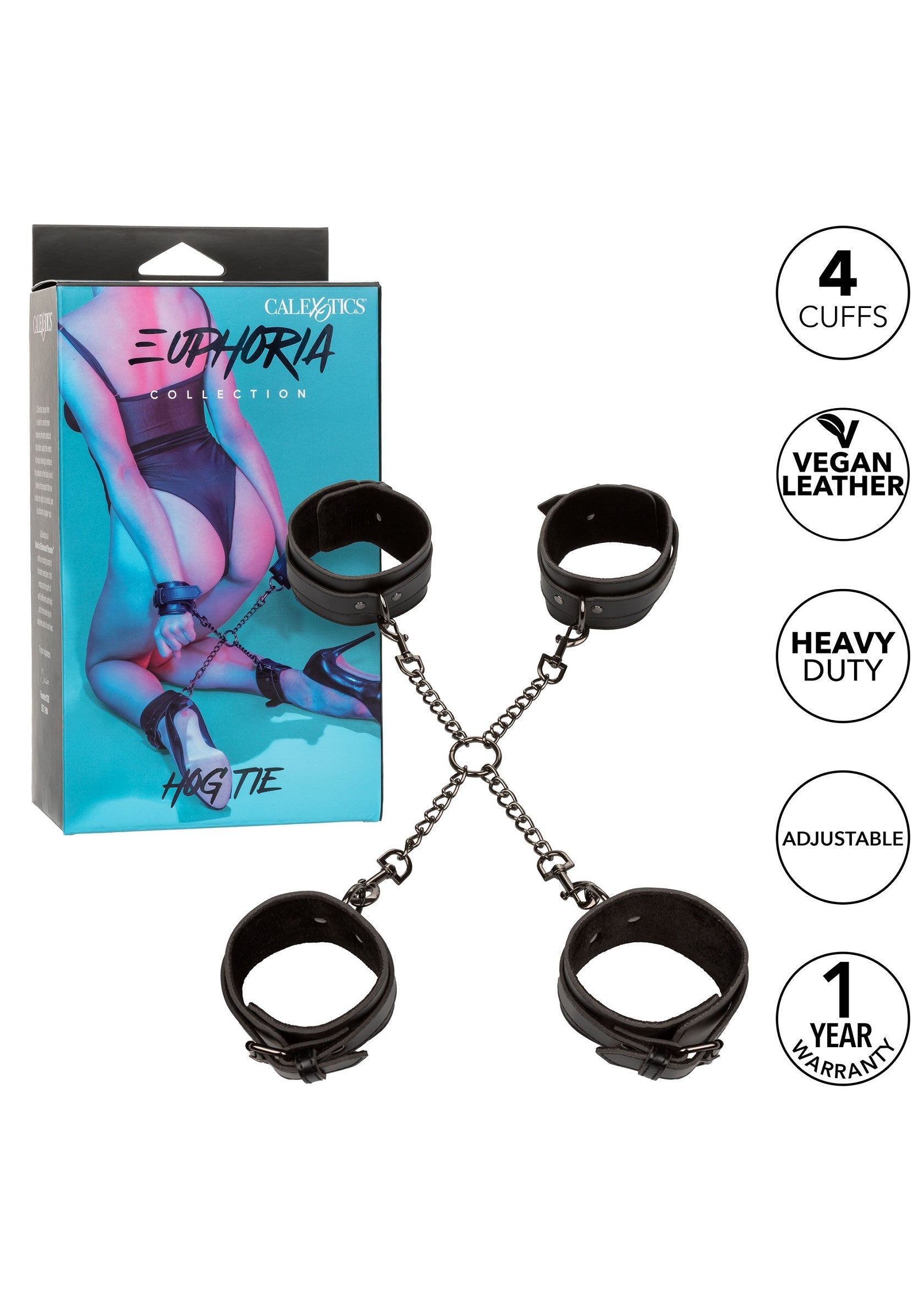Caleidos Euphoria Hog Tie. Ensemble de menottes en cuir végan ajustable avec garantie 1 an.; Caleidos Euphoria Hog Tie. Set verstelbare vegan lederen handboeien met 1 jaar garantie.; Caleidos Euphoria Hog Tie. Set of adjustable vegan leather restraints with 1 year warranty.