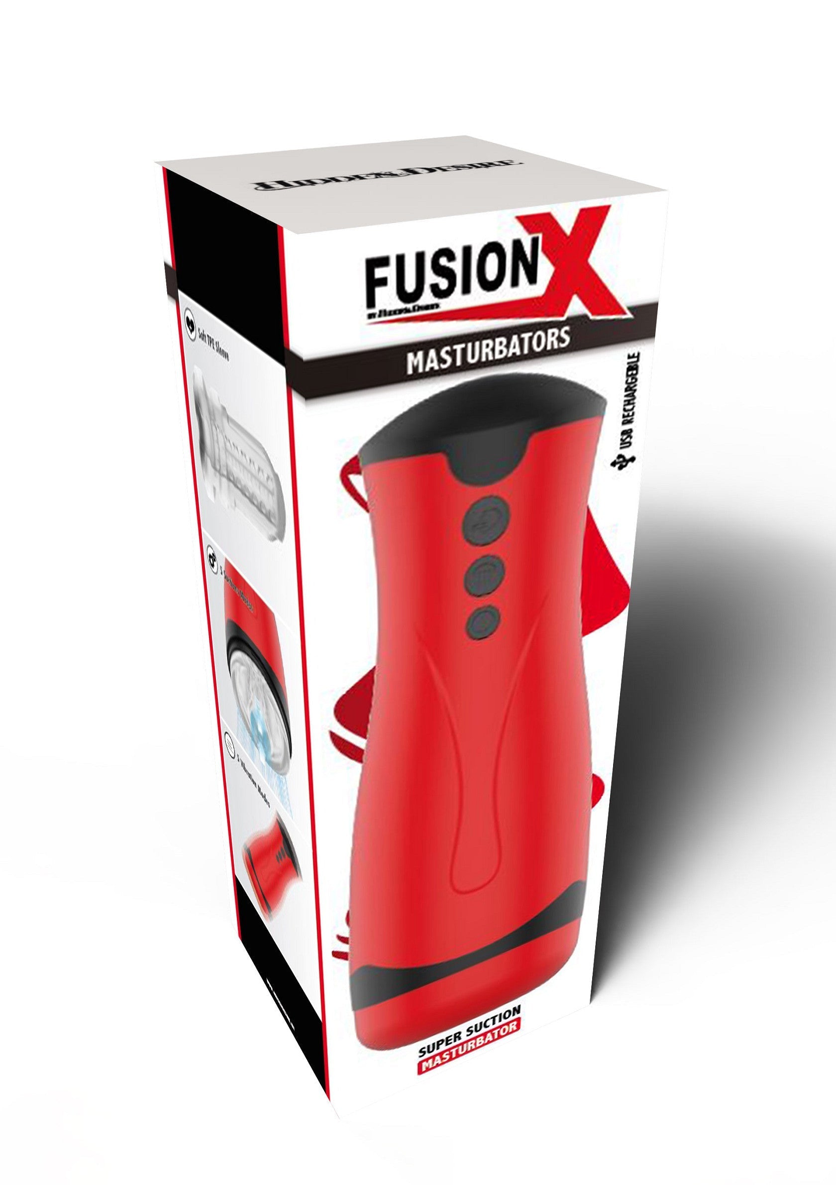 Boîte Fusion X Masturbateurs rouge et noire. Plaisir intime garanti. Rechargeable et succion puissante. ; Fusion X Masturbators doos, rood en zwart. Gegarandeerd intiem plezier. Oplaadbaar en krachtige zuigkracht. ; Fusion X Masturbators box, red and black. Guaranteed intimate pleasure. Rechargeable and powerful suction.