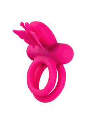 Anneau pénien vibrant papillon rose pour plus de plaisir.; Roze vlinder vibrerende penisring voor extra plezier.; Pink butterfly vibrating cock ring for added pleasure.