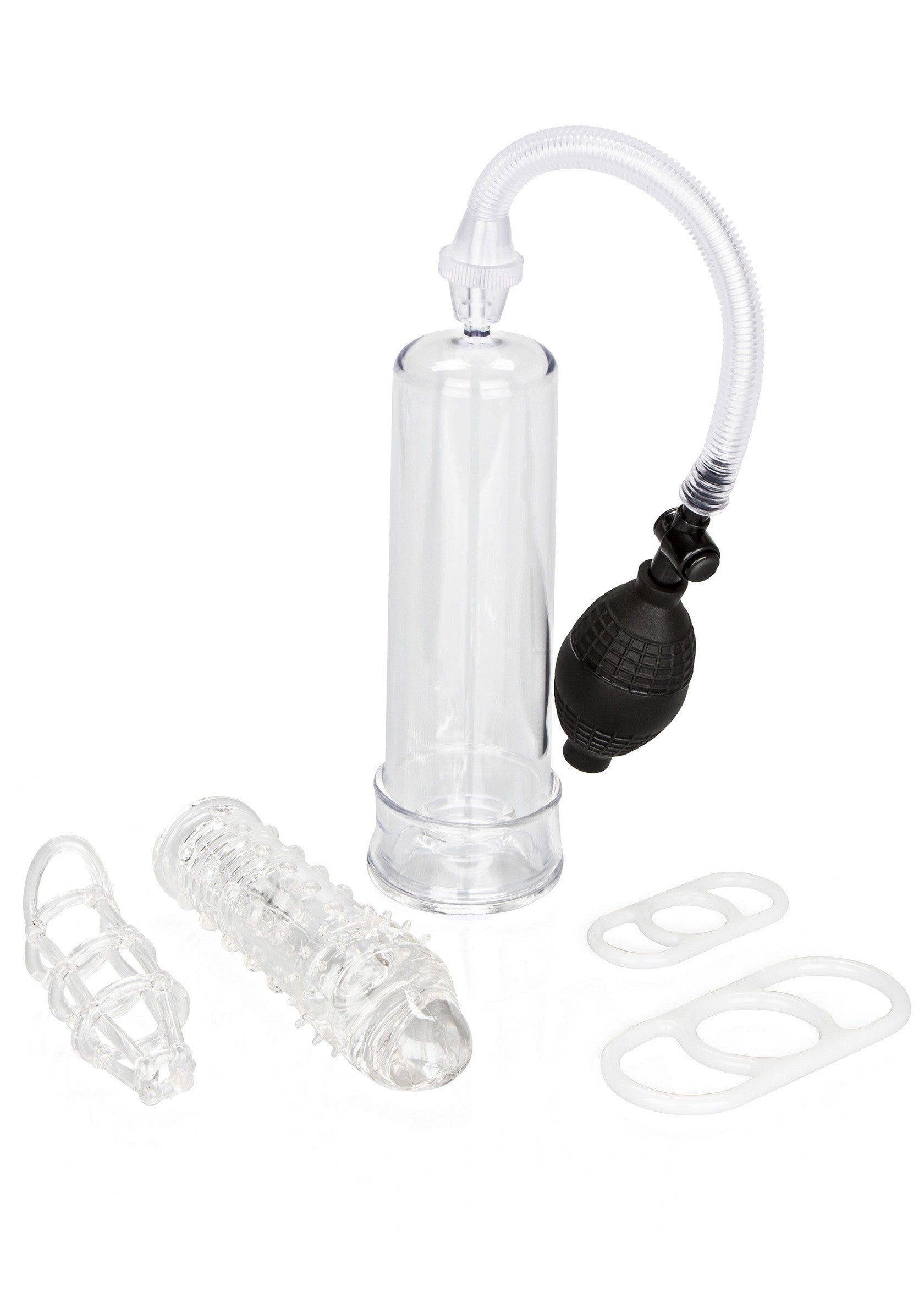 Ensemble pompe à pénis transparent avec anneaux et manchon texturé pour une expérience améliorée.; Transparante penispomp set met ringen en getextureerde sleeve voor een verbeterde ervaring.; Clear penis pump set with rings and textured sleeve for an enhanced experience.