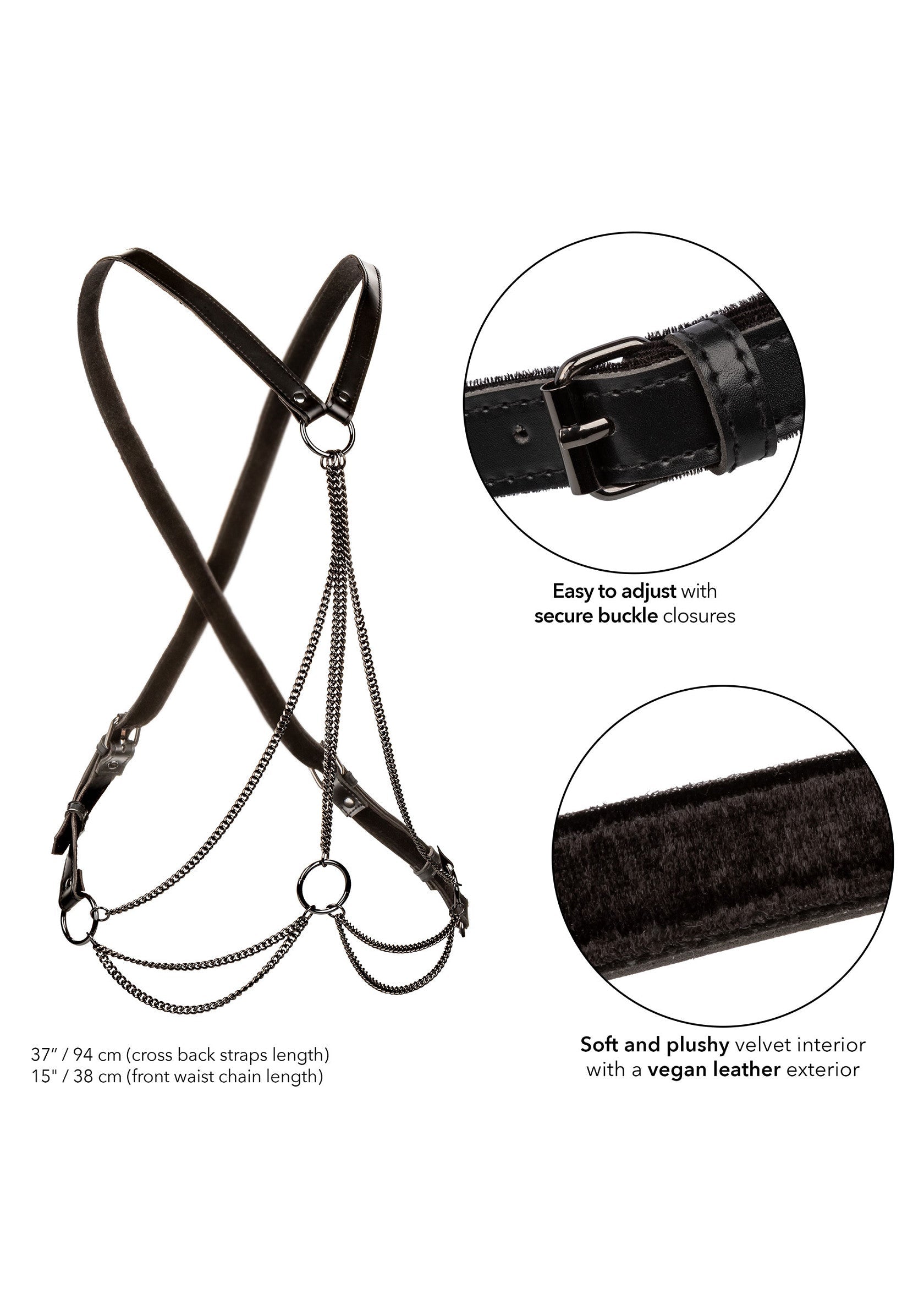 Harnais décoratif noir avec chaînes. Intérieur en velours et extérieur en cuir végétalien. Bretelles réglables.; Zwart decoratief harnas met kettingen. Zachte fluwelen binnenkant en veganistisch lederen buitenkant. Verstelbare bandjes.; Black decorative harness with chains. Soft velvet interior and vegan leather exterior. Adjustable straps.
