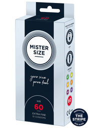 Préservatifs Mister Size taille 60. Extra fins pour une sensation naturelle et une protection optimale. Votre taille, votre plaisir.; Mister Size condooms maat 60. Extra dun voor een natuurlijk gevoel en optimale bescherming. Jouw maat, jouw plezier.; Mister Size condoms size 60. Extra thin for a natural feel and optimal protection. Your size, your pleasure.