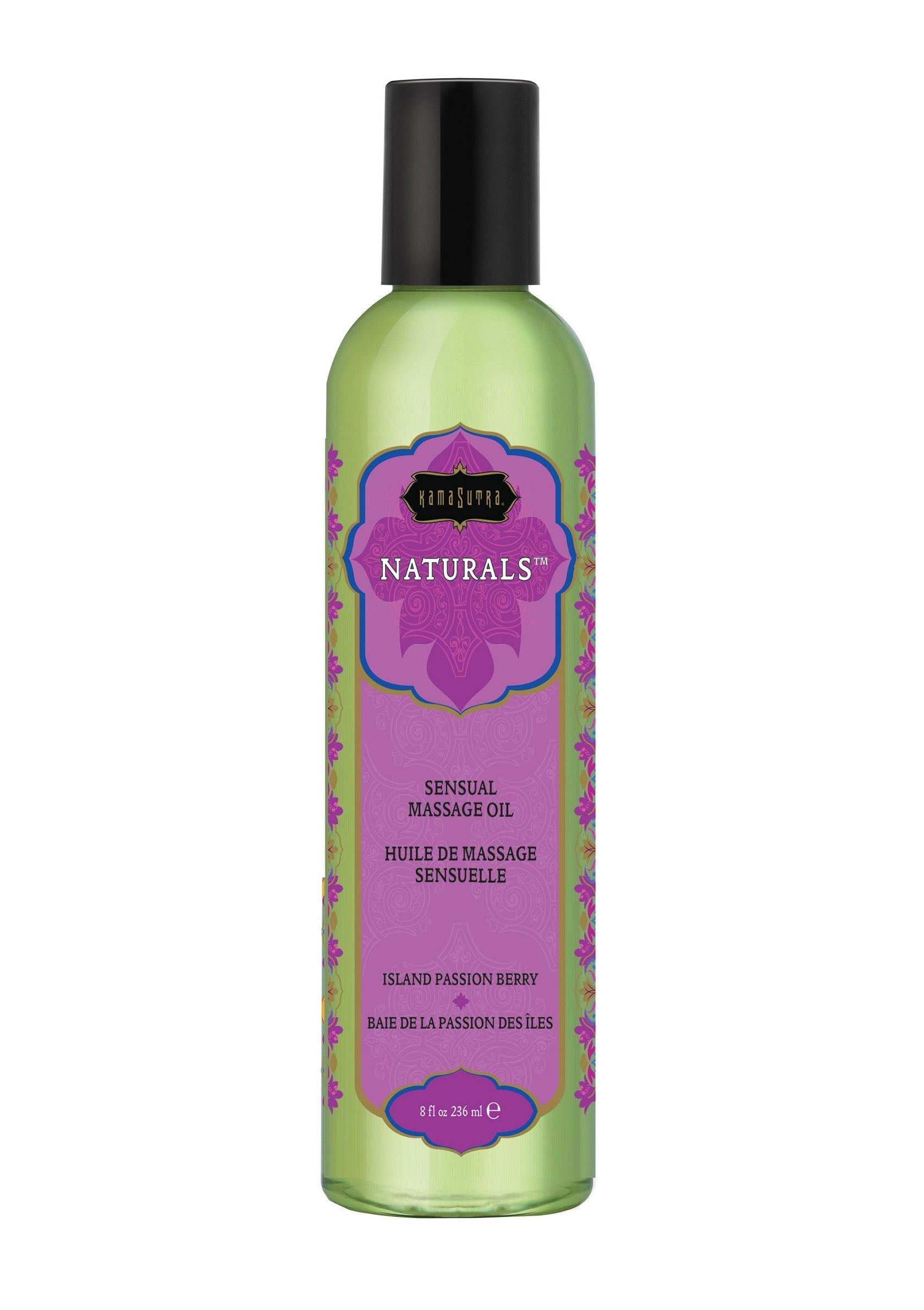 Huile de massage sensuelle Kama Sutra Naturals, parfum Baie de la Passion des Îles. Idéale pour un massage relaxant et sensuel.; Kama Sutra Naturals sensuele massageolie, Island Passion Berry geur. Perfect voor een ontspannende en sensuele massage.; Kama Sutra Naturals sensual massage oil, Island Passion Berry scent. Ideal for a relaxing and sensual massage.