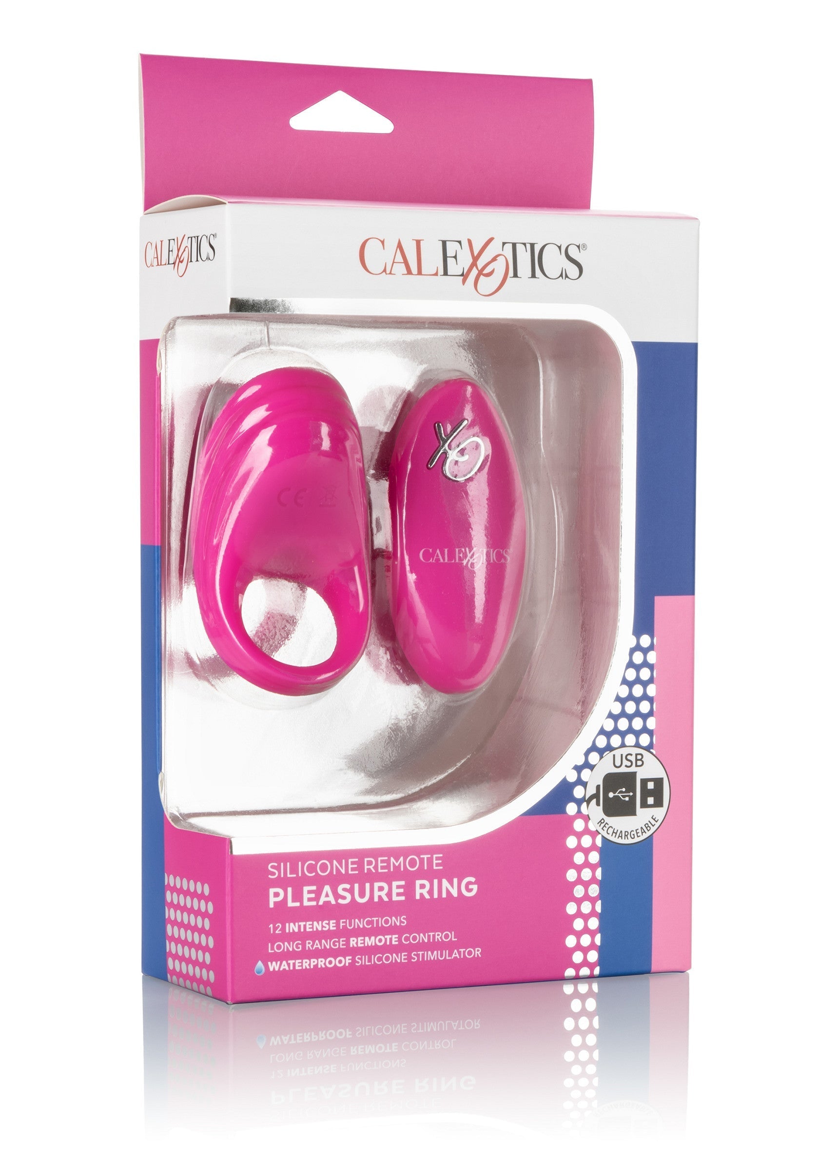 Anneau vibrant télécommandé Calexotics en silicone rose pour une expérience intense et longue durée.; Calexotics siliconen roze vibrerende ring met afstandsbediening voor een intense en langdurige ervaring.; Calexotics silicone remote pleasure ring in pink for an intense and long-lasting experience.