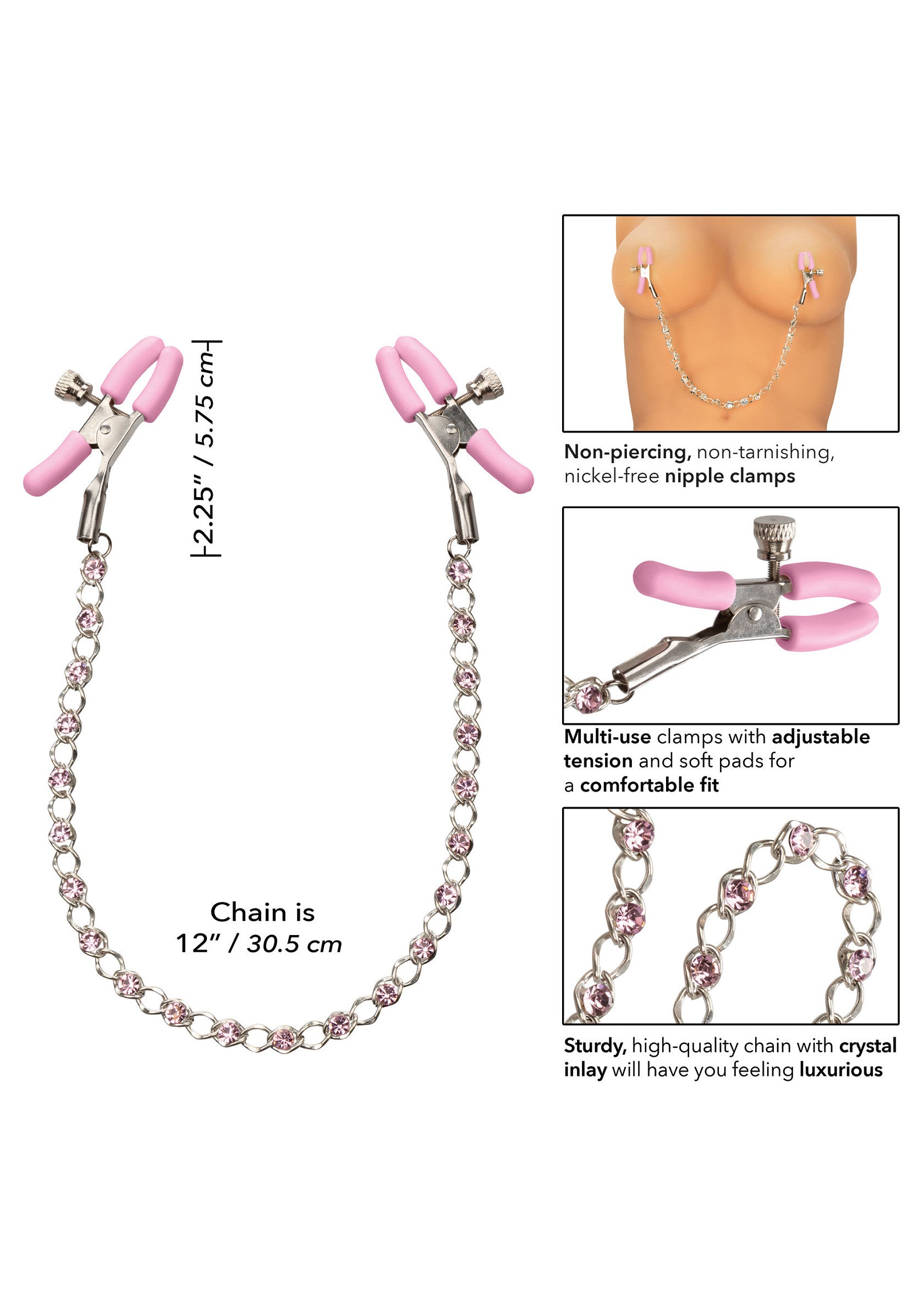 Pinces à tétons non perçantes avec chaîne à cristaux. Tension réglable pour plus de confort. Accessoire de lingerie coquine.; Nippelklemmen zonder piercing met kristallen ketting. Verstelbare spanning voor comfort. Speels lingerie accessoire.; Non-piercing nipple clamps with crystal chain. Adjustable tension for comfort. Playful lingerie accessory.