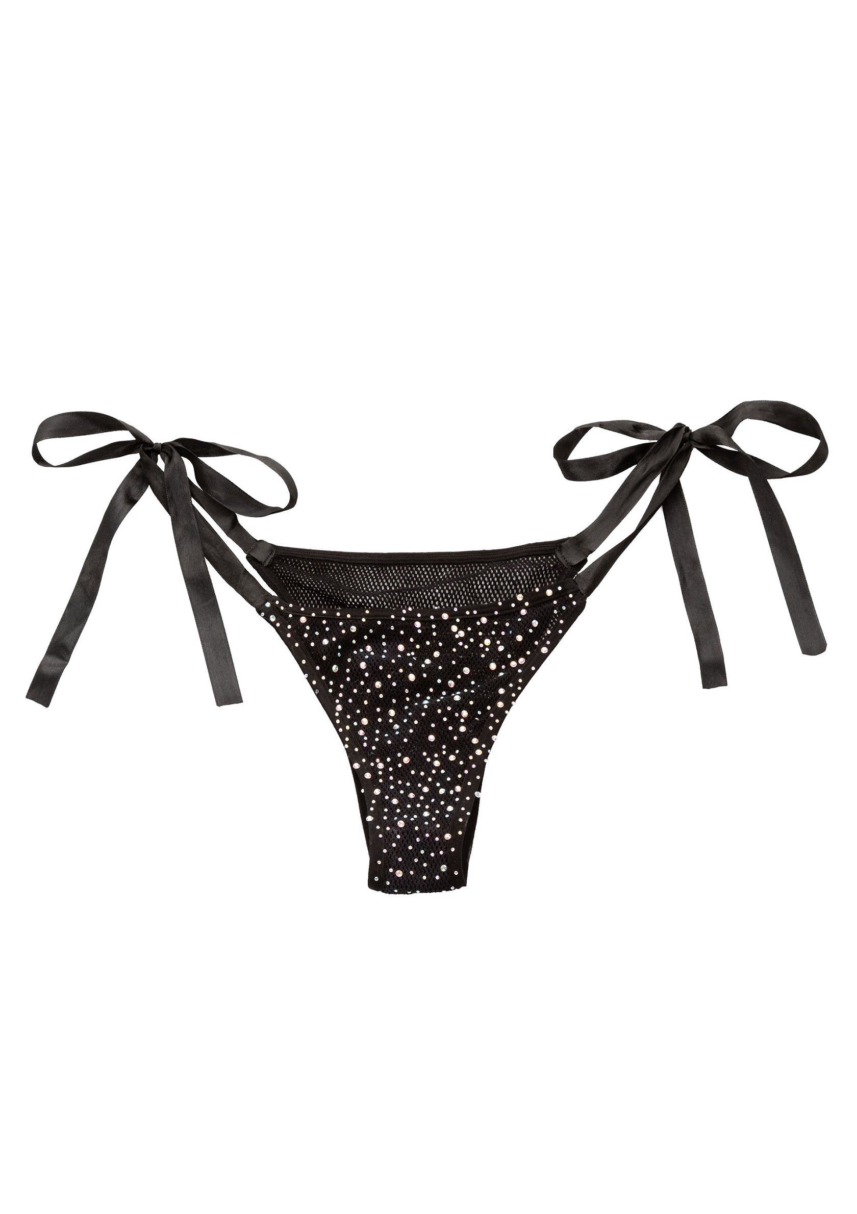 Culotte noire à pois brillants, avec des rubans décoratifs sur les côtés.; Zwarte string met glitters en decoratieve linten aan de zijkanten.; Black sparkly thong, with decorative ribbons on the sides.