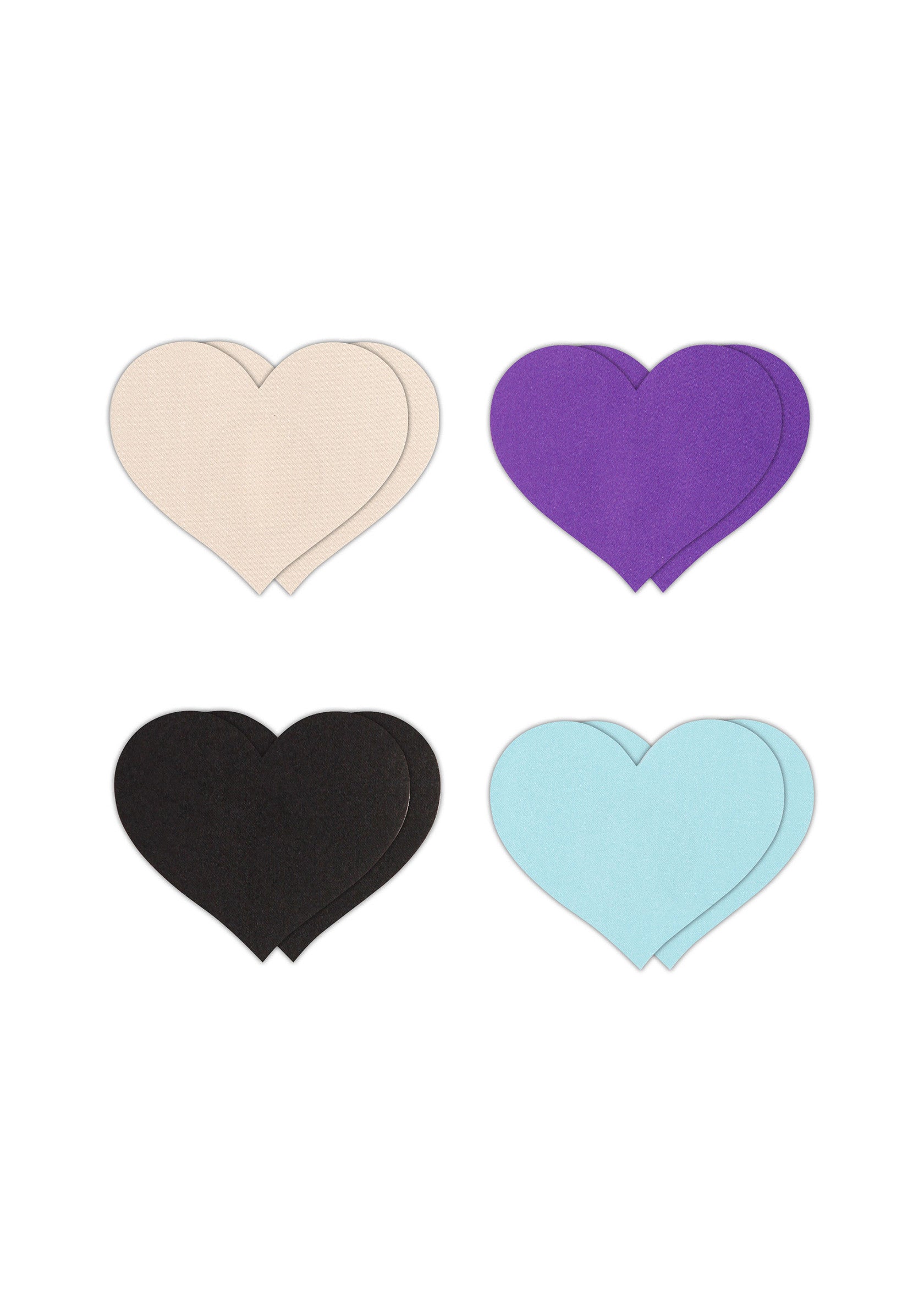 Cache-tétons en forme de cœur: beige, violet, noir, bleu clair.; Hartvormige tepelbedekkers: beige, paars, zwart, lichtblauw.; Heart-shaped nipple covers: beige, purple, black, light blue.