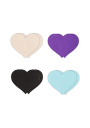 Cache-tétons en forme de cœur: beige, violet, noir, bleu clair.; Hartvormige tepelbedekkers: beige, paars, zwart, lichtblauw.; Heart-shaped nipple covers: beige, purple, black, light blue.