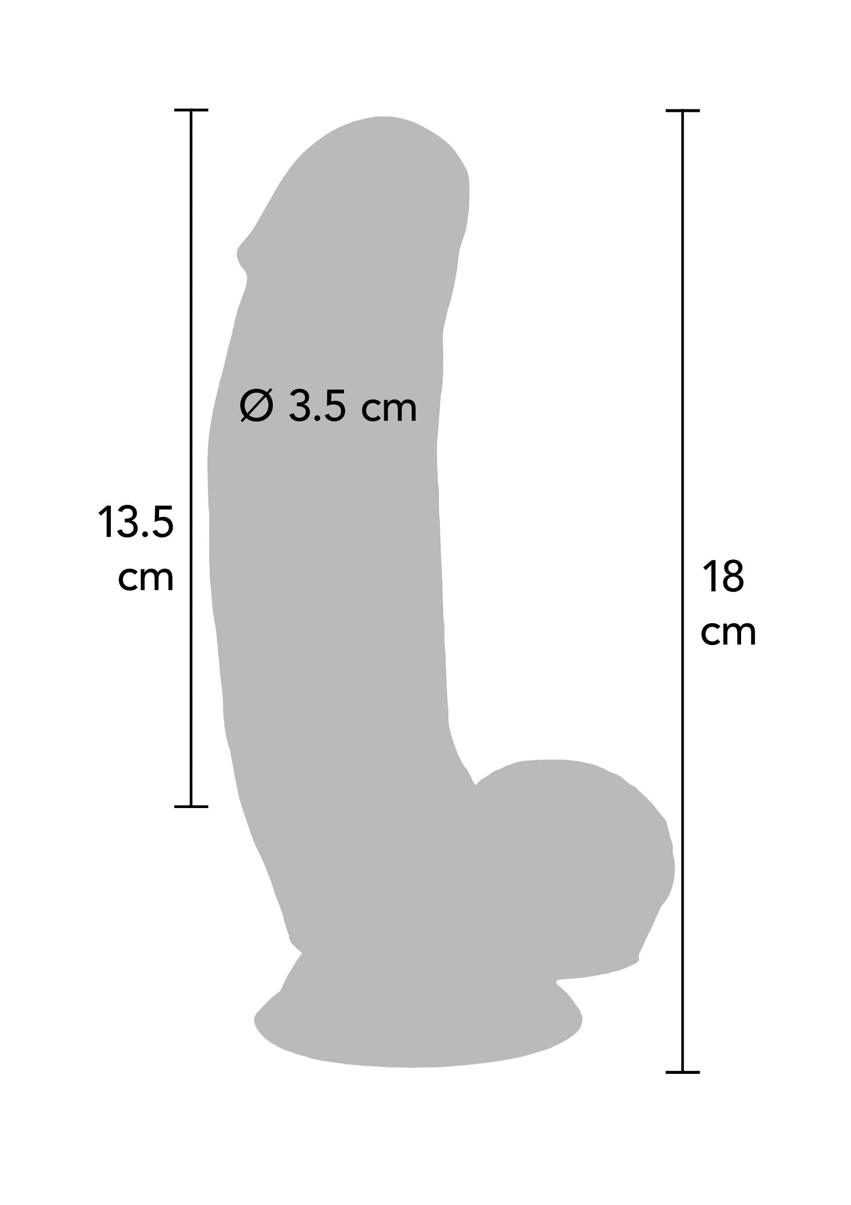 Schéma d'un gode avec dimensions: 18 cm de longueur, 13.5 cm du bout à la base, 3.5 cm de diamètre.; Diagram van een dildo met afmetingen: 18 cm lang, 13.5 cm van punt tot basis, 3.5 cm diameter.; Diagram of a dildo with dimensions: 18 cm long, 13.5 cm from tip to base, 3.5 cm in diameter.