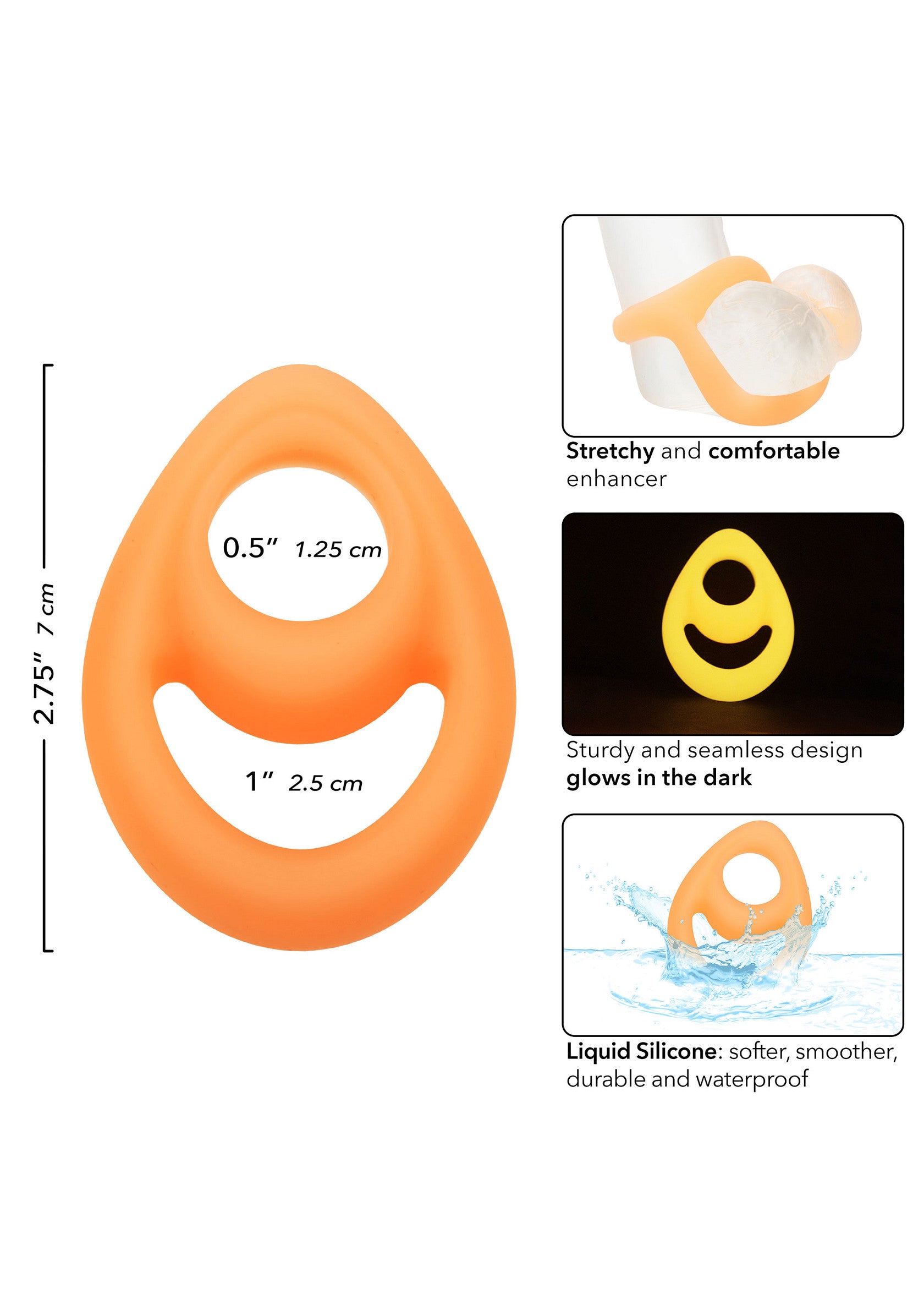 Anneau pénien en silicone liquide orange, extensible, confortable et étanche. Conception robuste, brille dans le noir.; Oranje penisring van vloeibare siliconen, rekbaar, comfortabel en waterdicht. Stevig ontwerp, gloeit in het donker.; Orange liquid silicone cock ring, stretchy, comfortable, and waterproof. Sturdy design, glows in the dark.