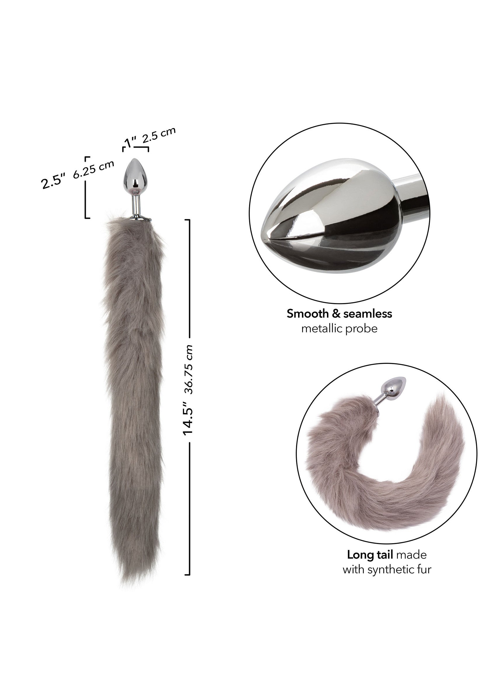 Queue de renard en fourrure synthétique avec plug anal en métal lisse. Accessoire coquin pour adultes.; Synthetische vacht staart met gladde metalen anaalplug. Speels accessoire voor volwassenen.; Synthetic fur tail with smooth metallic anal plug. Playful adult accessory.