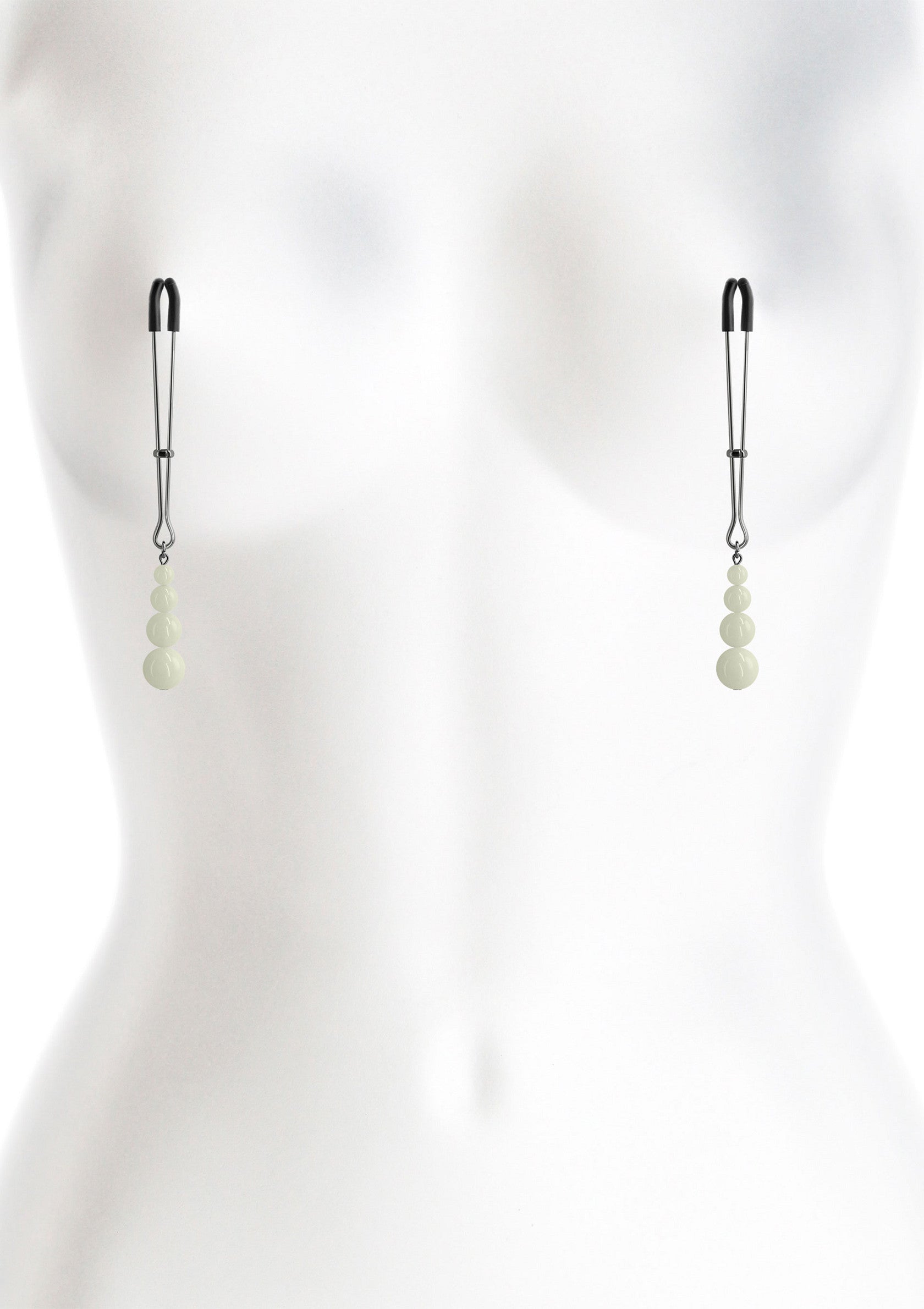 Pinces à tétons avec des perles nacrées pour le plaisir adulte.; Tepelklemmen met parelmoer kralen voor volwassen plezier.; Nipple clamps with pearlescent beads for adult fun.