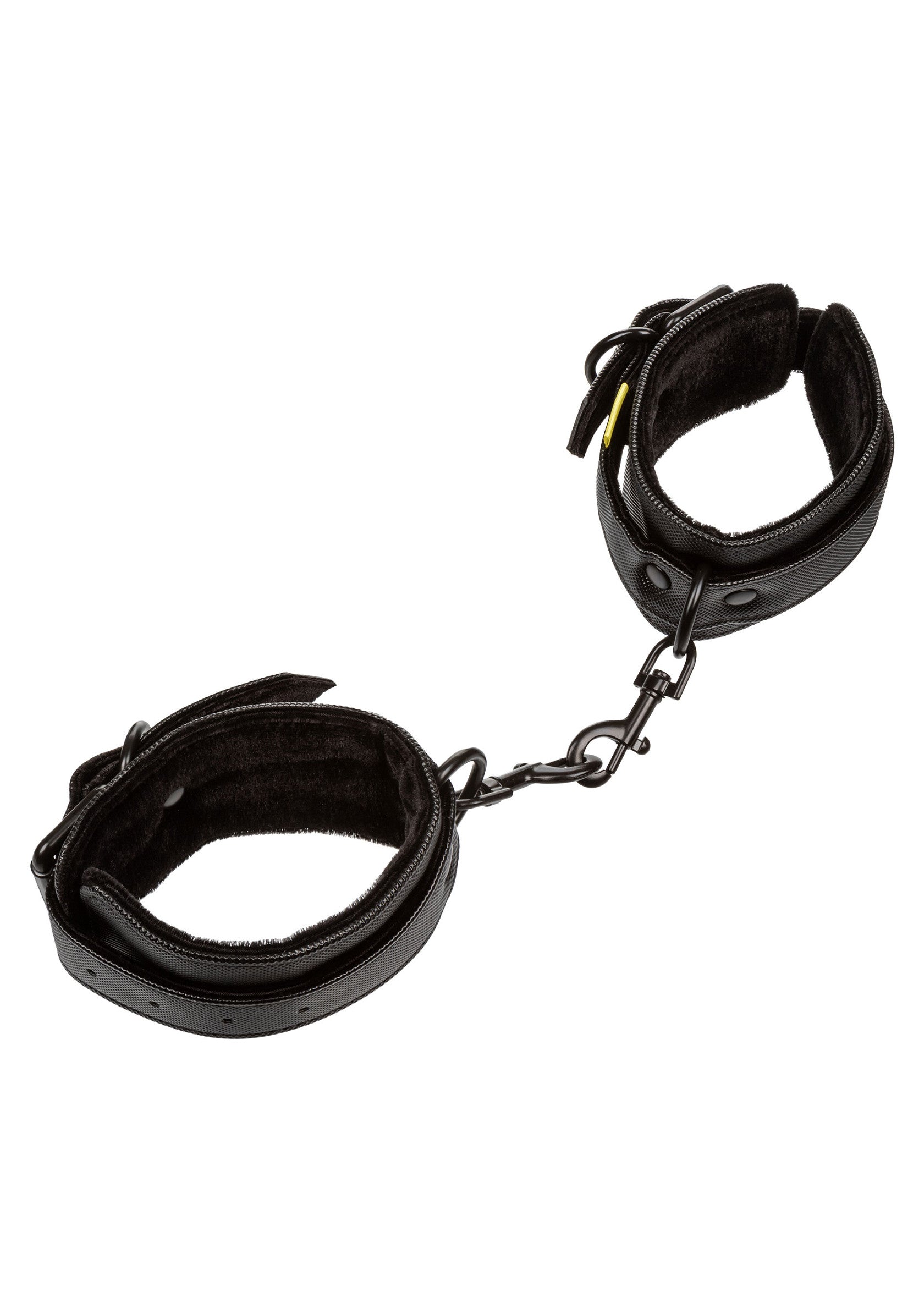 Menottes en similicuir noir avec doublure en fausse fourrure pour plus de confort.; Zwarte kunstleren handboeien met faux fur voering voor comfort.; Black faux leather handcuffs with faux fur lining for comfort.