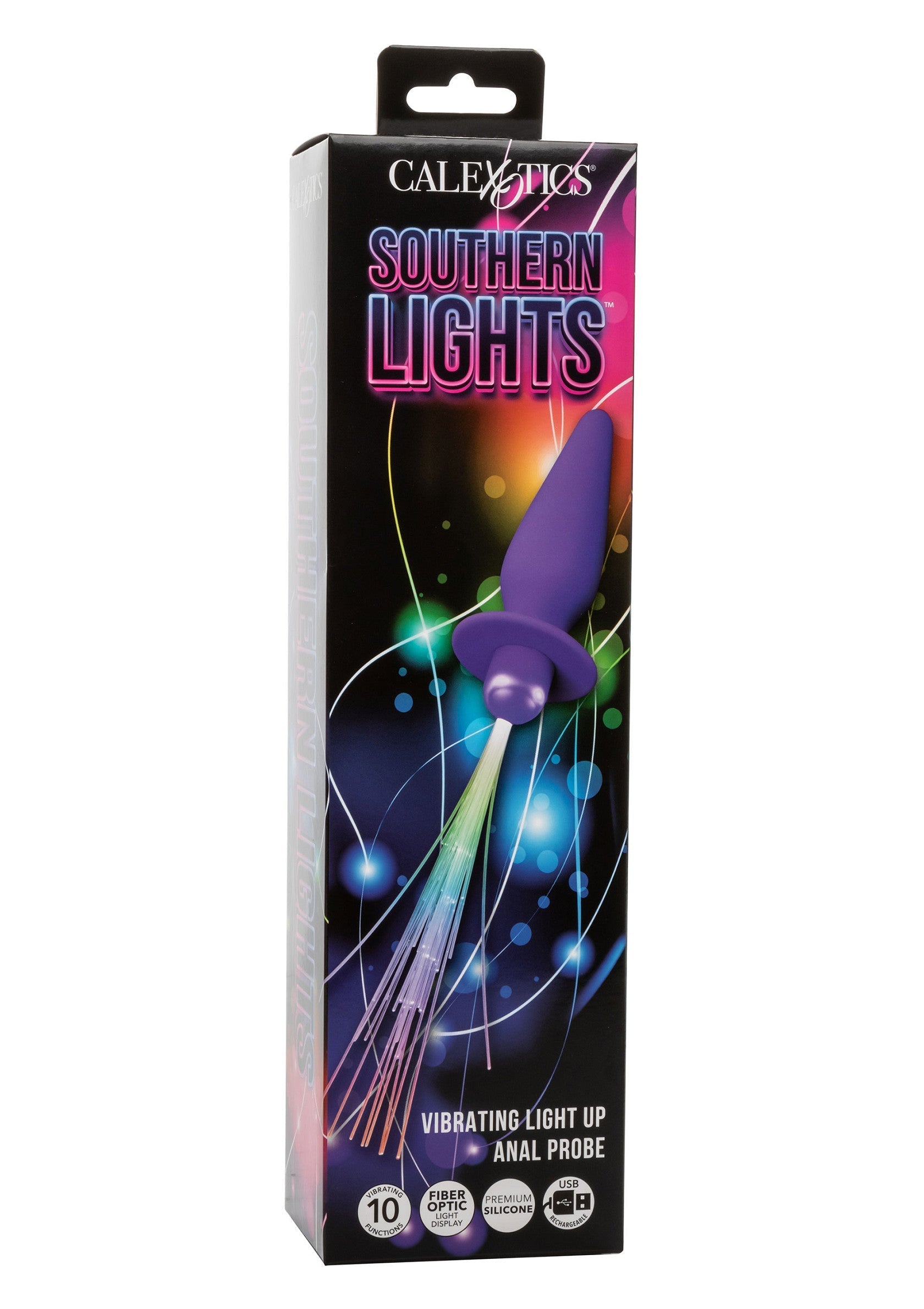 CalExotics Southern Lights - sonde anale vibrante et lumineuse pour des plaisirs intenses. Découvrez le frisson !; CalExotics Southern Lights - vibrerende, oplichtende anale probe voor intense plezier. Ontdek de opwinding!; CalExotics Southern Lights - vibrating light up anal probe for intense pleasure. Discover the thrill!