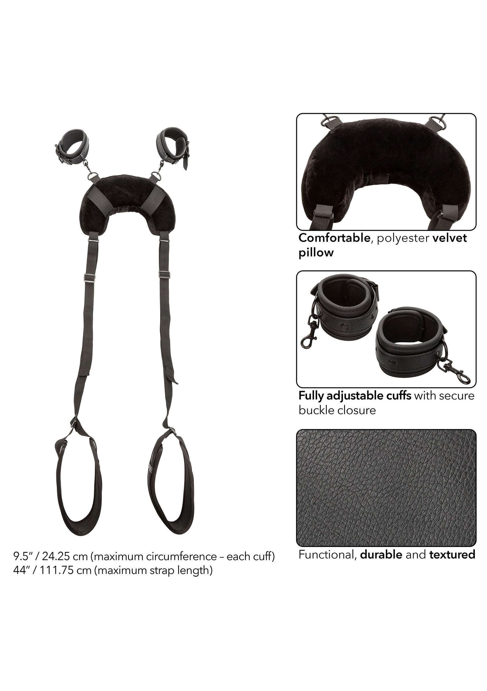 Kit de suspension avec oreiller confortable, menottes réglables et sangles durables. Idéal pour les jeux de rôle.; Suspension set met comfortabel kussen, verstelbare manchetten en duurzame banden. Ideaal voor rollenspellen.; Suspension set with comfortable pillow, adjustable cuffs and durable straps. Great for role-playing.