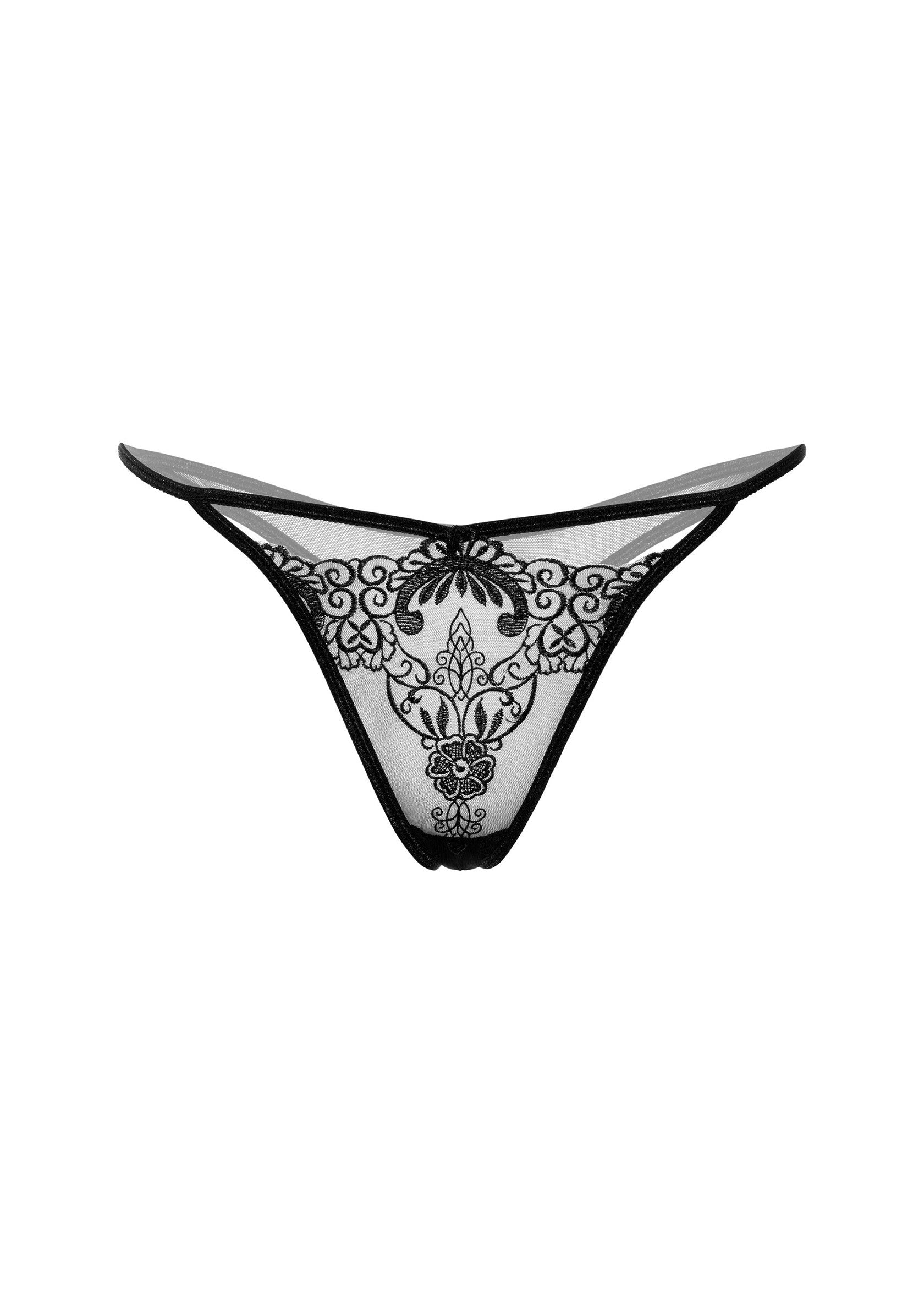 String noir délicate avec broderie florale. Lingerie séduisante pour une touche de luxe et de confort.; Elegante zwarte string met bloemenborduurwerk. Verleidelijke lingerie voor een vleugje luxe en comfort.; Elegant black thong with floral embroidery. Seductive lingerie for a touch of luxury and comfort.
